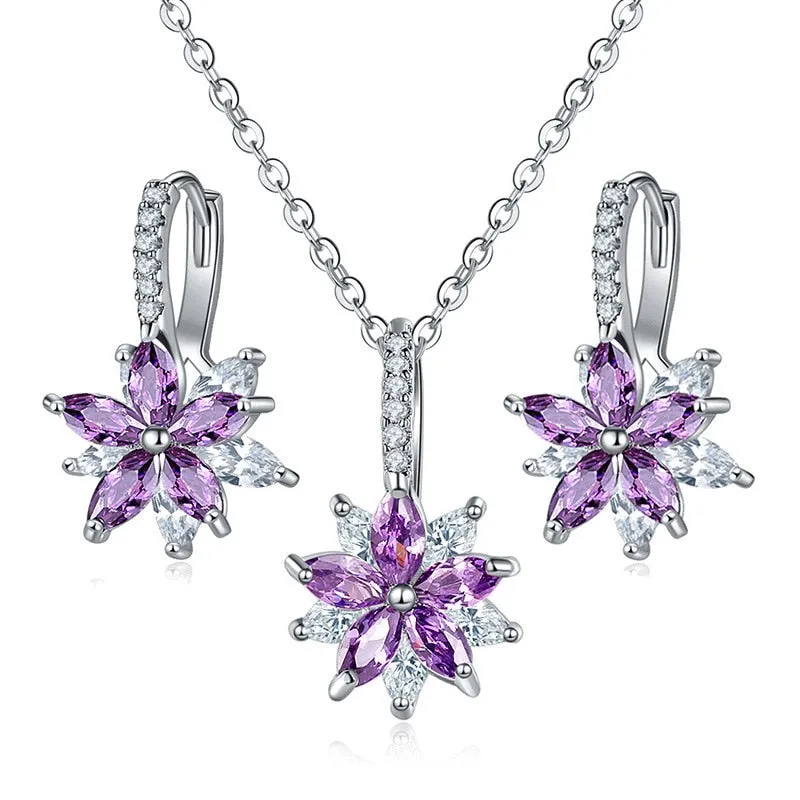 Flowers Bridal Jewelry Sets Necklace Earrings Silver Color Women Dangles Earrings