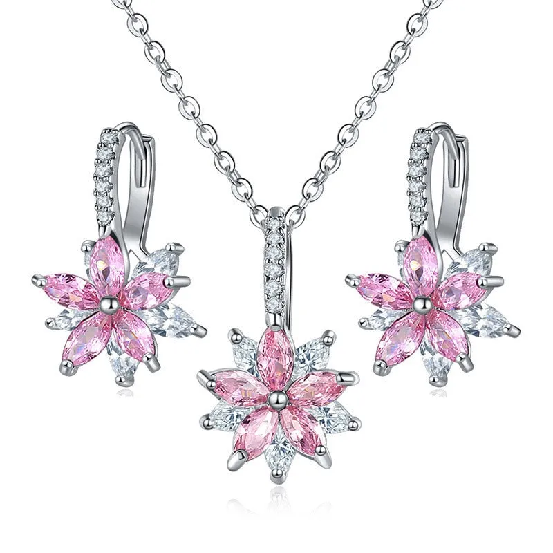 Flowers Bridal Jewelry Sets Necklace Earrings Silver Color Women Dangles Earrings