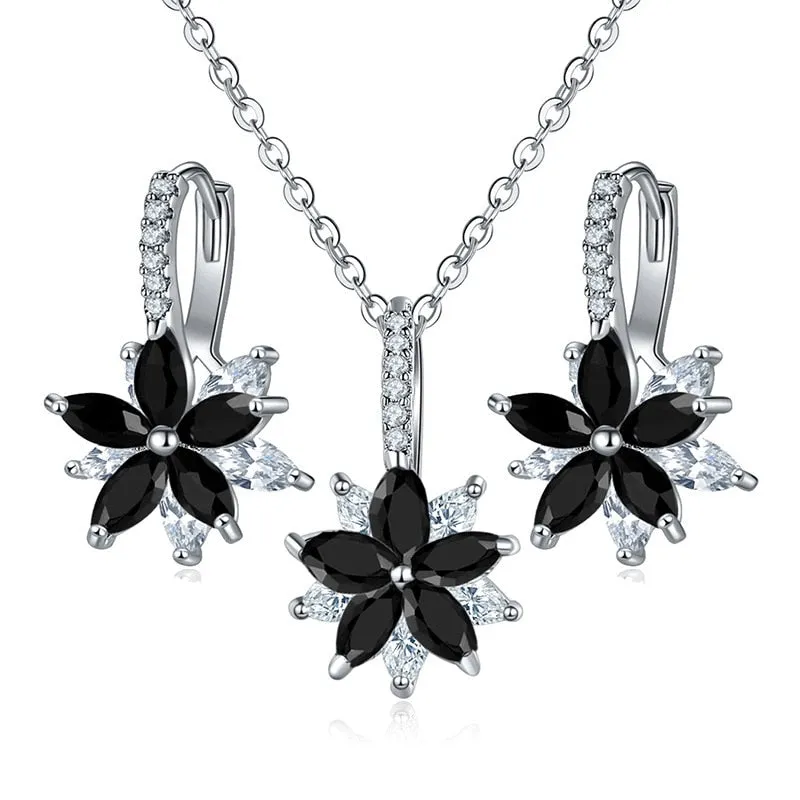Flowers Bridal Jewelry Sets Necklace Earrings Silver Color Women Dangles Earrings