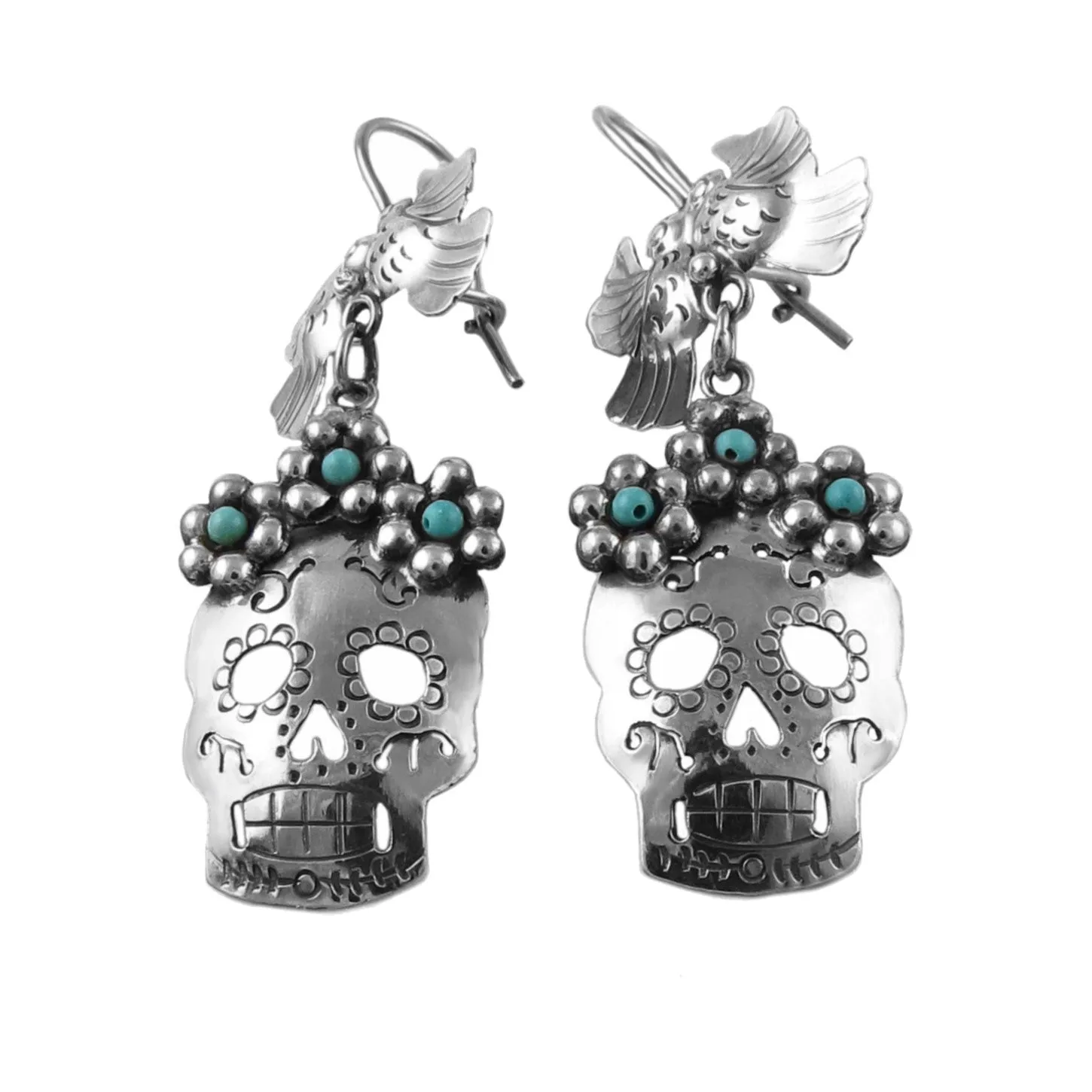 Frida Flowers and Skull 925 Silver Taxco Calavera Earrings