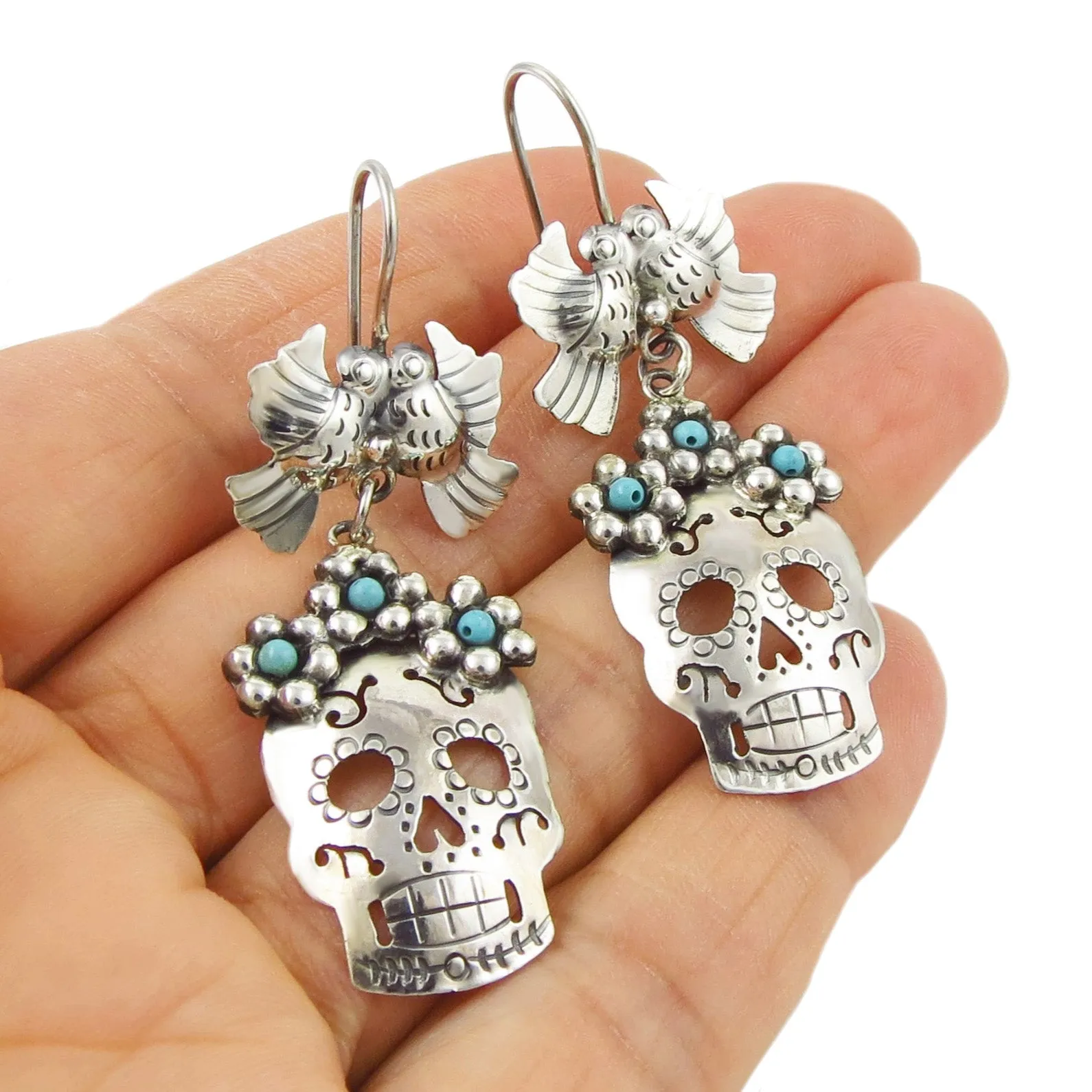 Frida Flowers and Skull 925 Silver Taxco Calavera Earrings