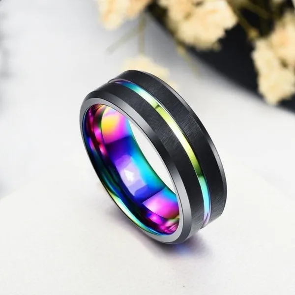 Funki Buys | Rings | Black Stainless Steel Rainbow Wedding Band