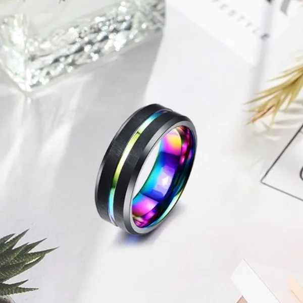 Funki Buys | Rings | Black Stainless Steel Rainbow Wedding Band