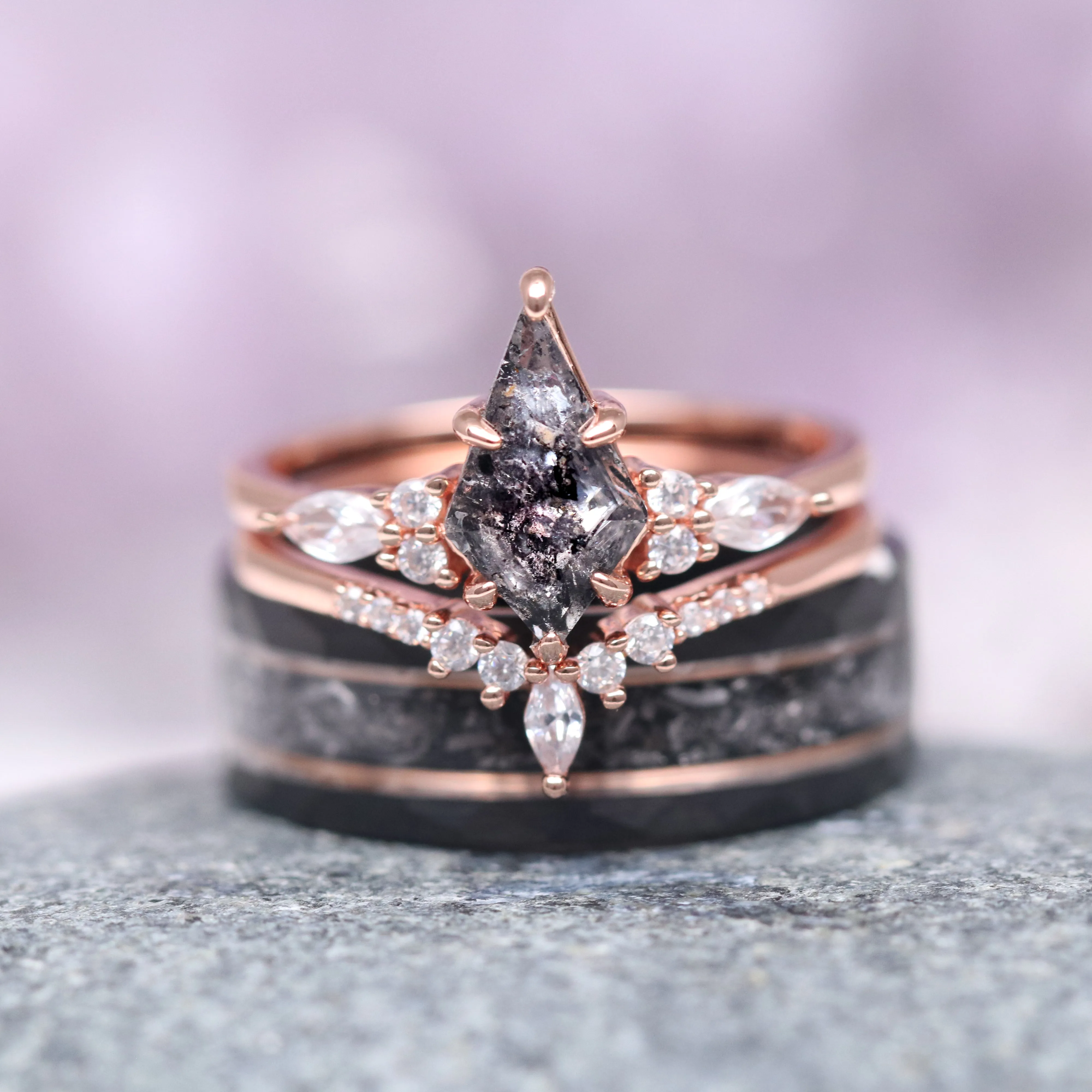 Galaxy Meteorite & Starry Hammered Wedding Band- 8MM Rose Gold/ Black Tungsten