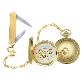 Gold Finish Large Pocket Watch Steel Cable Knife & Chain Set