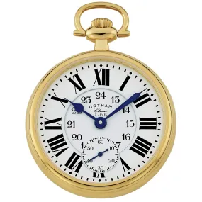 Gotham Classic Series Gold Plated Stainless Steel Open Face 17 Jewel Mechanical Hand Wind Pocket Watch # GWC14112G