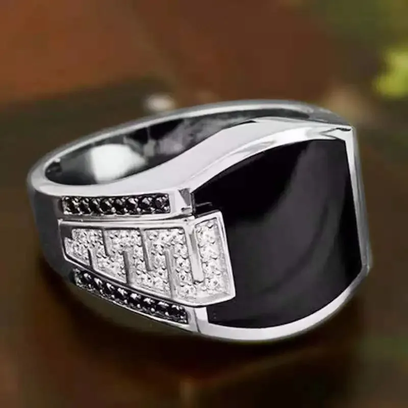 Handmade Signet Turkish Men Ring Vintage Trendy Two Tone Inlaid Black Zircon Metal Eagle Punk Rings Wedding Party Retro Jewelry