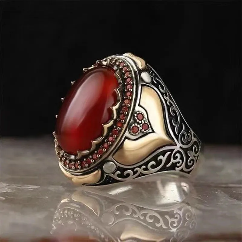 Handmade Signet Turkish Men Ring Vintage Trendy Two Tone Inlaid Black Zircon Metal Eagle Punk Rings Wedding Party Retro Jewelry