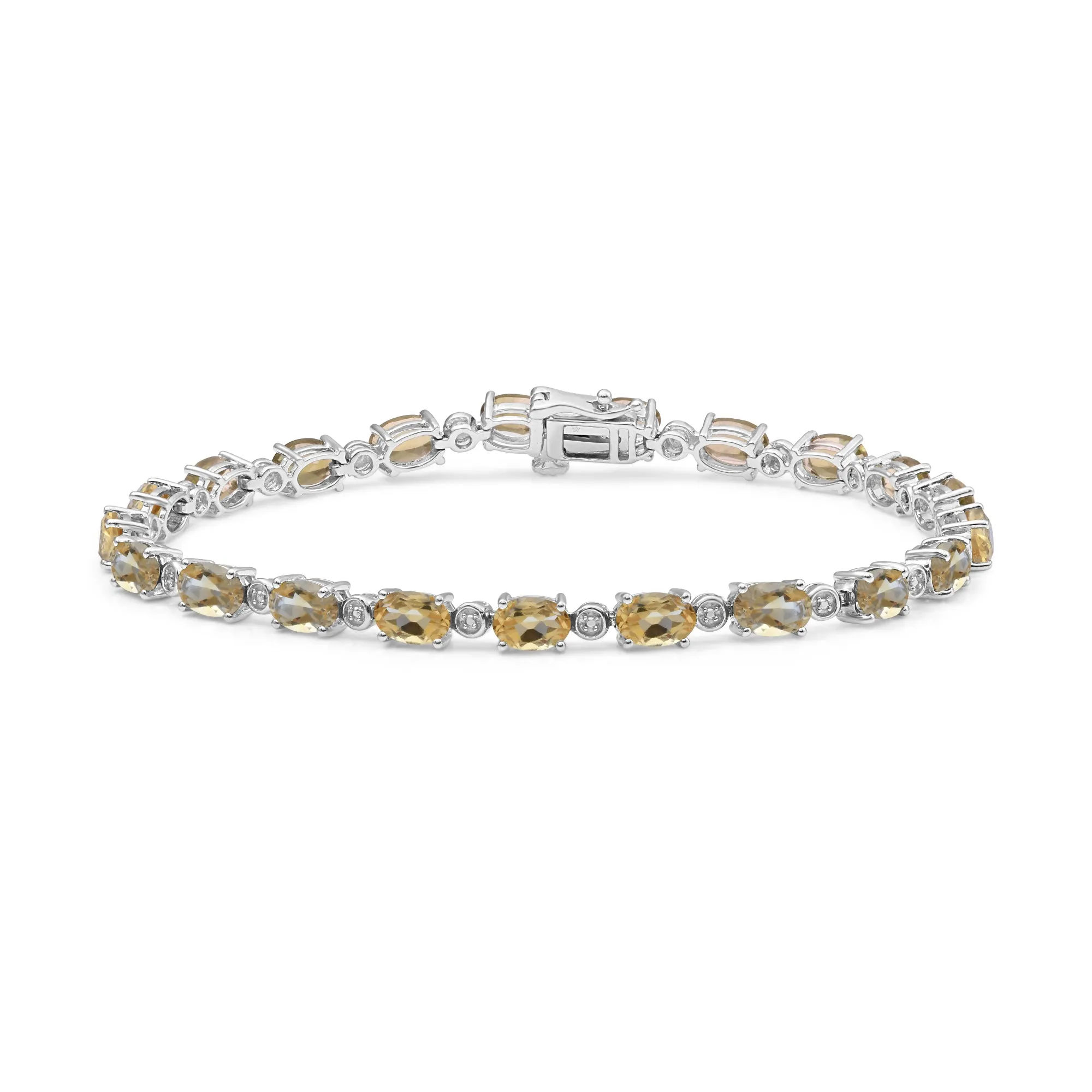 Jewelili Sterling Silver Oval Shape Citrine with Natural White Round Diamond Accent Link Bracelet