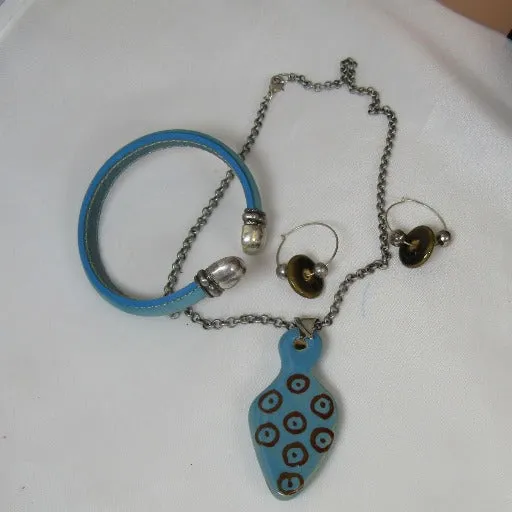 Jewelry Set Turquoise Pendant Necklace, Earring &  Leather Bracelet