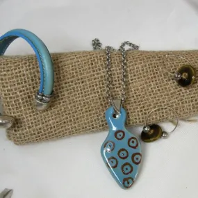 Jewelry Set Turquoise Pendant Necklace, Earring &  Leather Bracelet