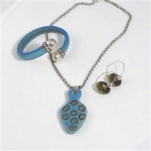 Jewelry Set Turquoise Pendant Necklace, Earring &  Leather Bracelet