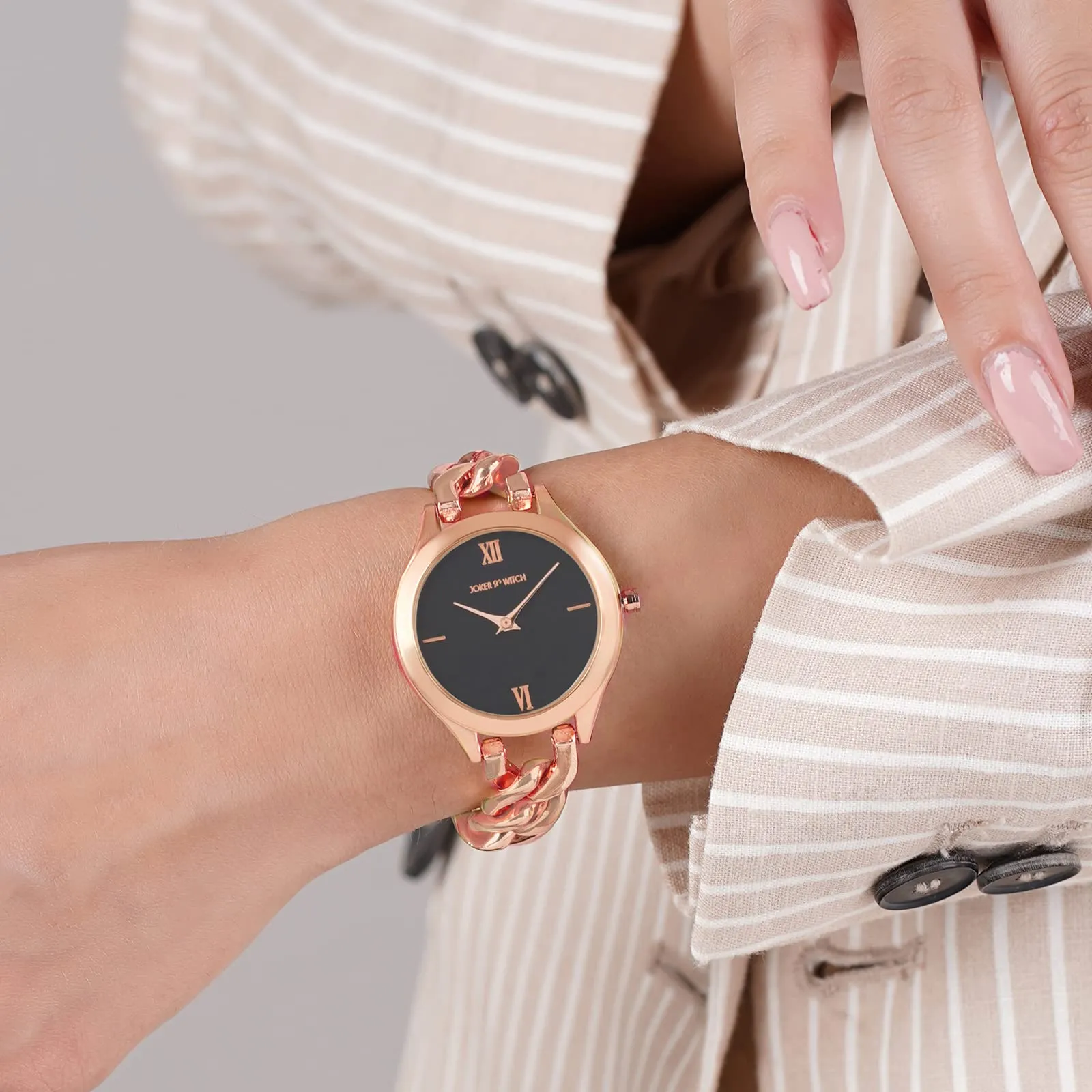 Joker & Witch Vegas Black Dial Rose Gold Metallic Watch
