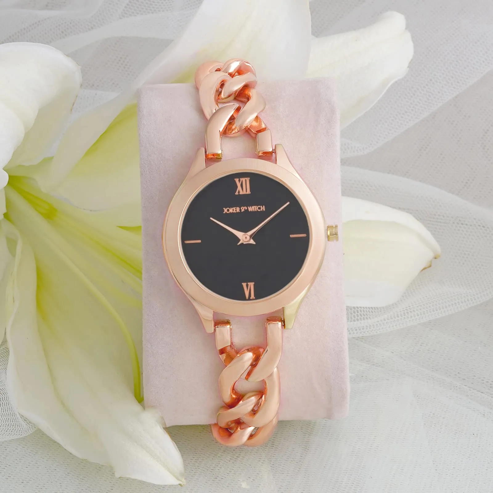Joker & Witch Vegas Black Dial Rose Gold Metallic Watch