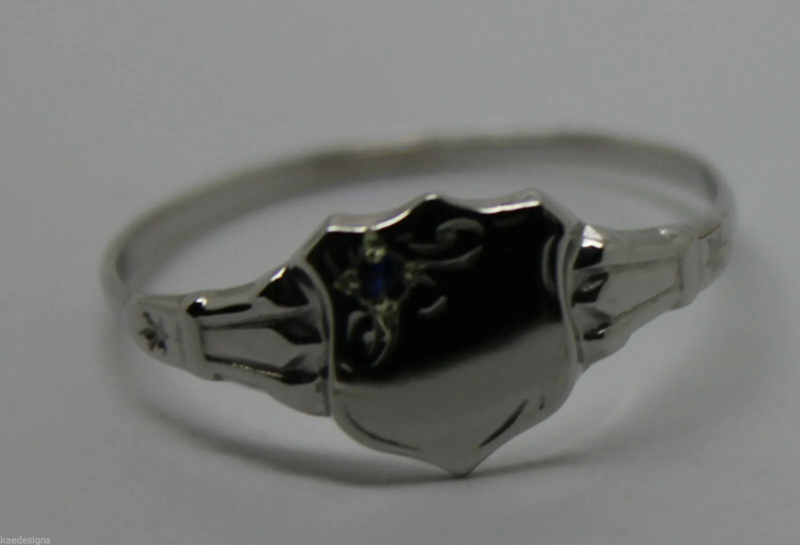Kaedesigns, Genuine Childs Solid 9ct Blue Sapphire White Gold Shield Signet Ring