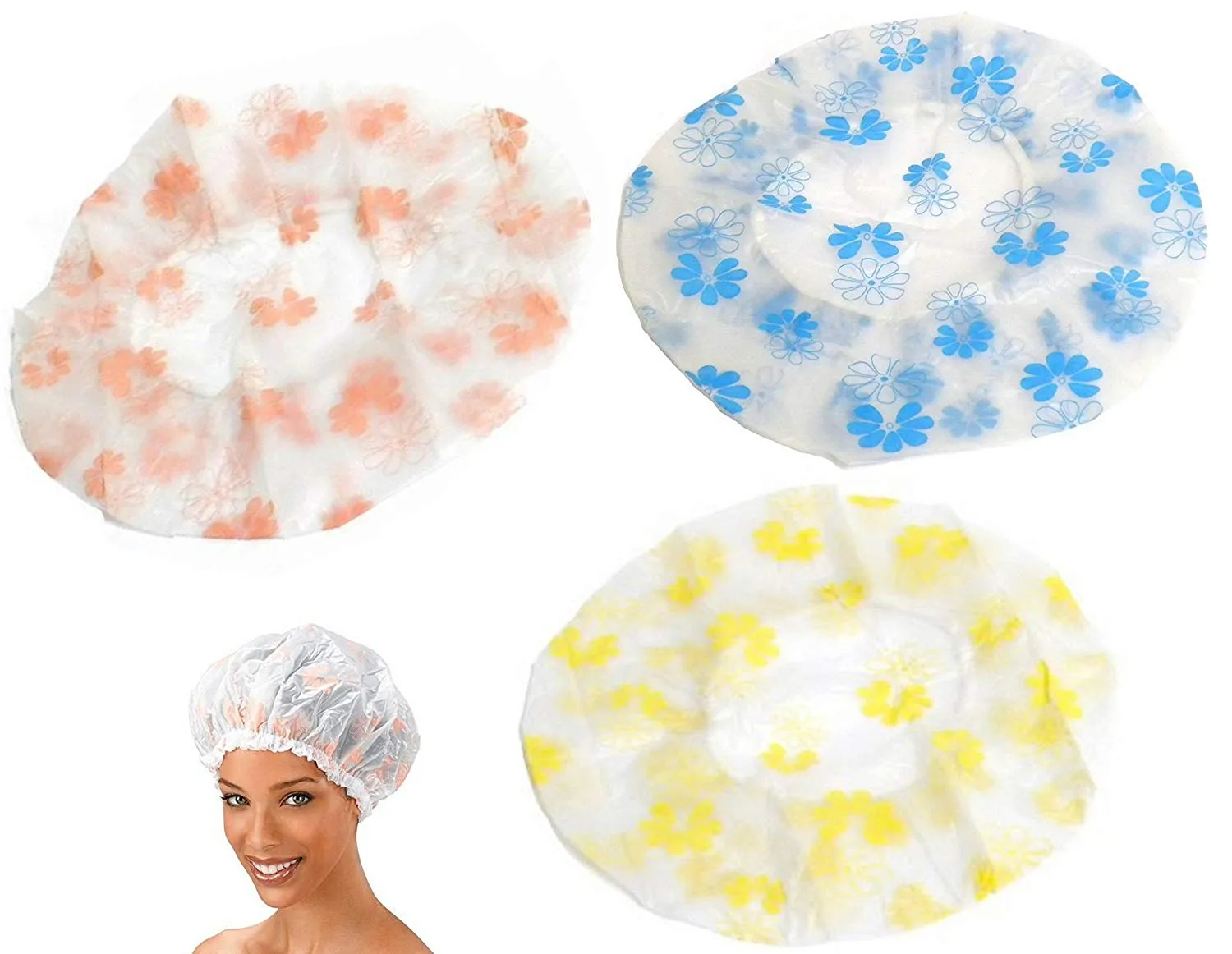 Large (Adult Size) Multipurpose Bathing & Shower Caps - Reusable, Washable (1 Blue, 1 Yellow & 1 Peach Floral) (3pc)