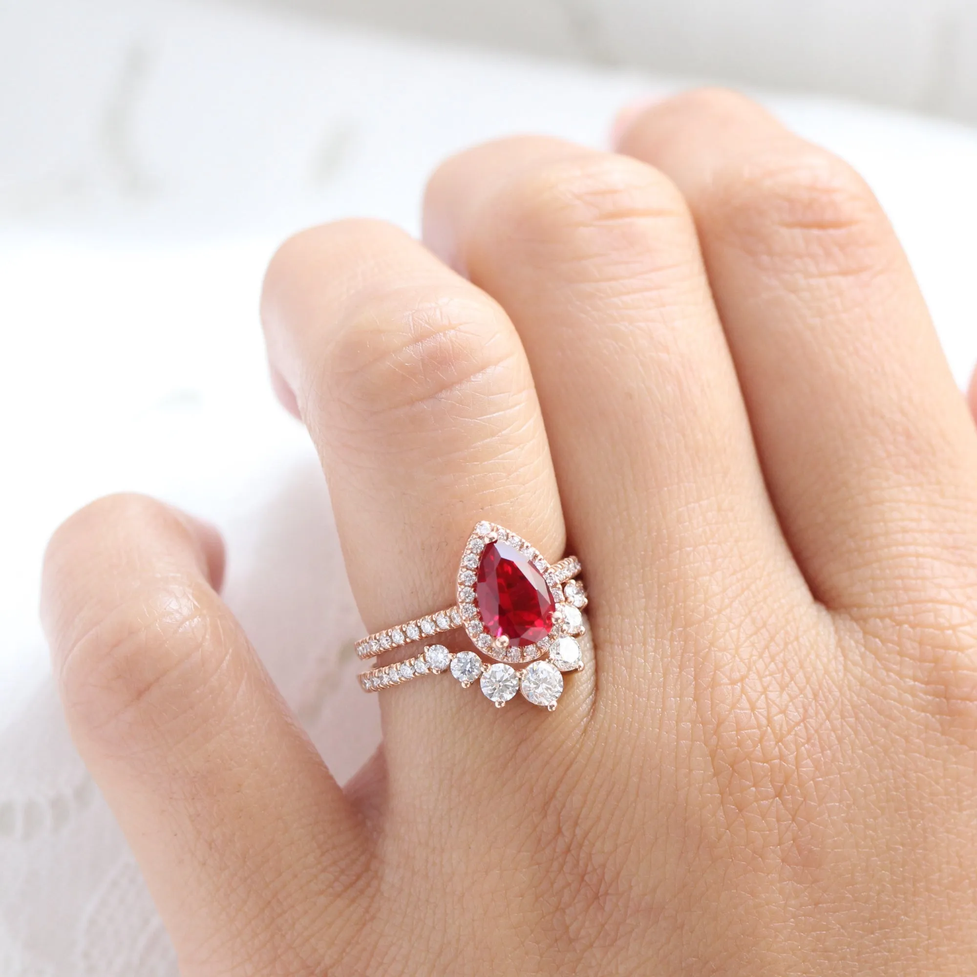 Luna Halo Pear Ruby Bridal Ring Set w/ Large 7 Diamond U Shaped Pave Band