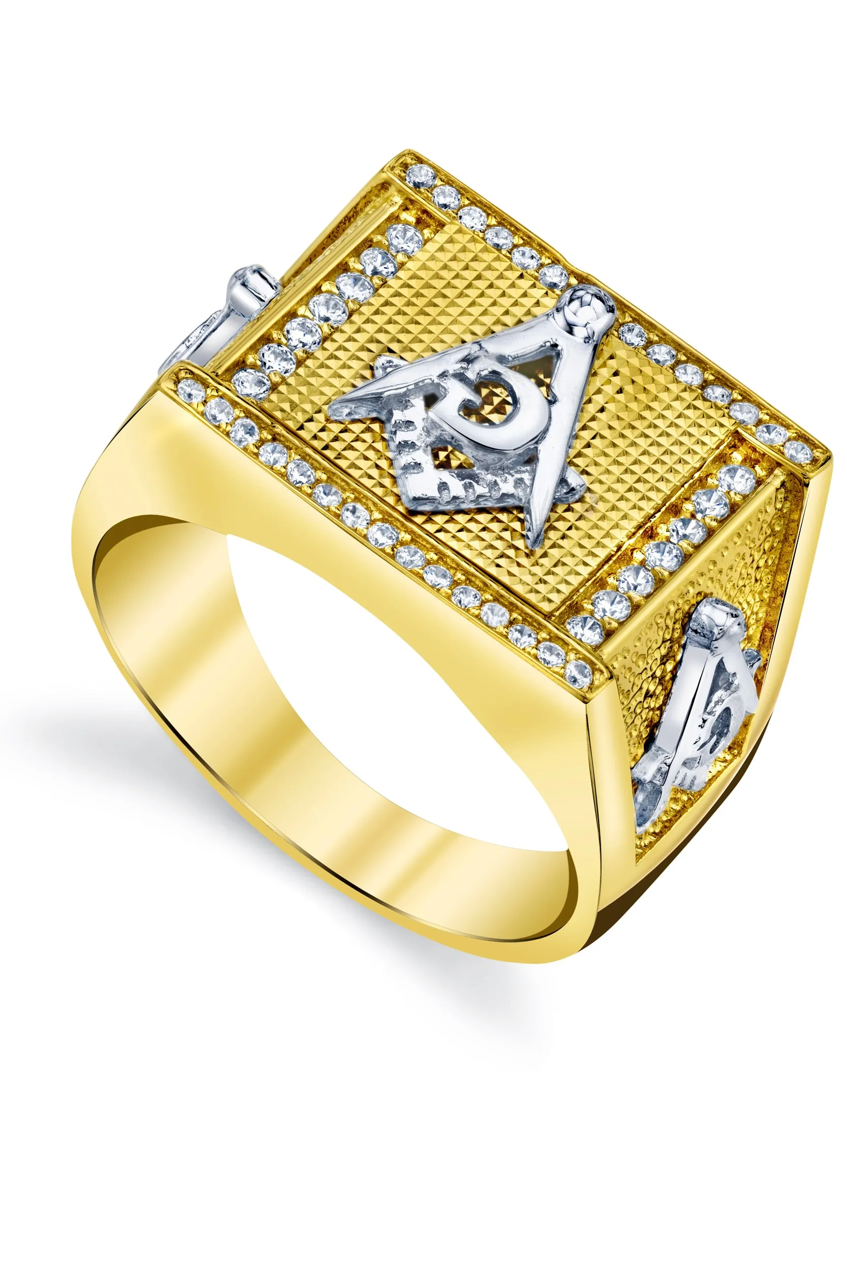 Men's Masonic Signet Pinky Ring Sterling Silver Goldtone Cubic Zirconia 14MM