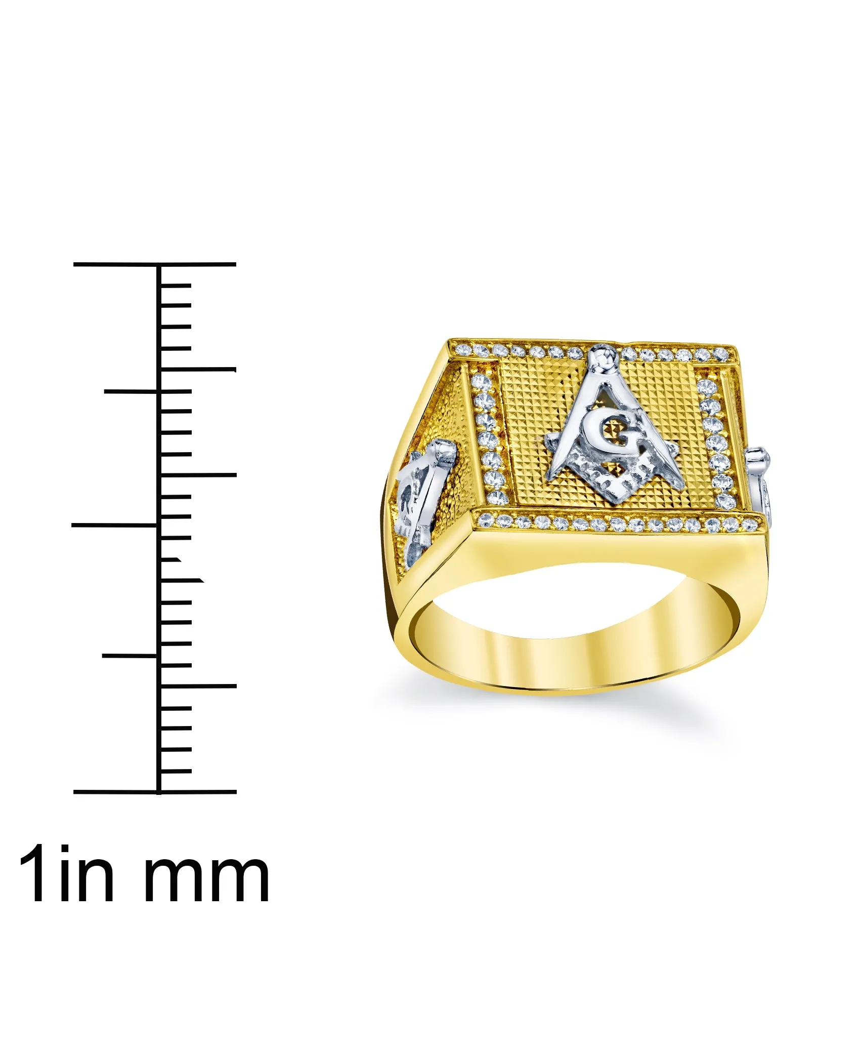 Men's Masonic Signet Pinky Ring Sterling Silver Goldtone Cubic Zirconia 14MM