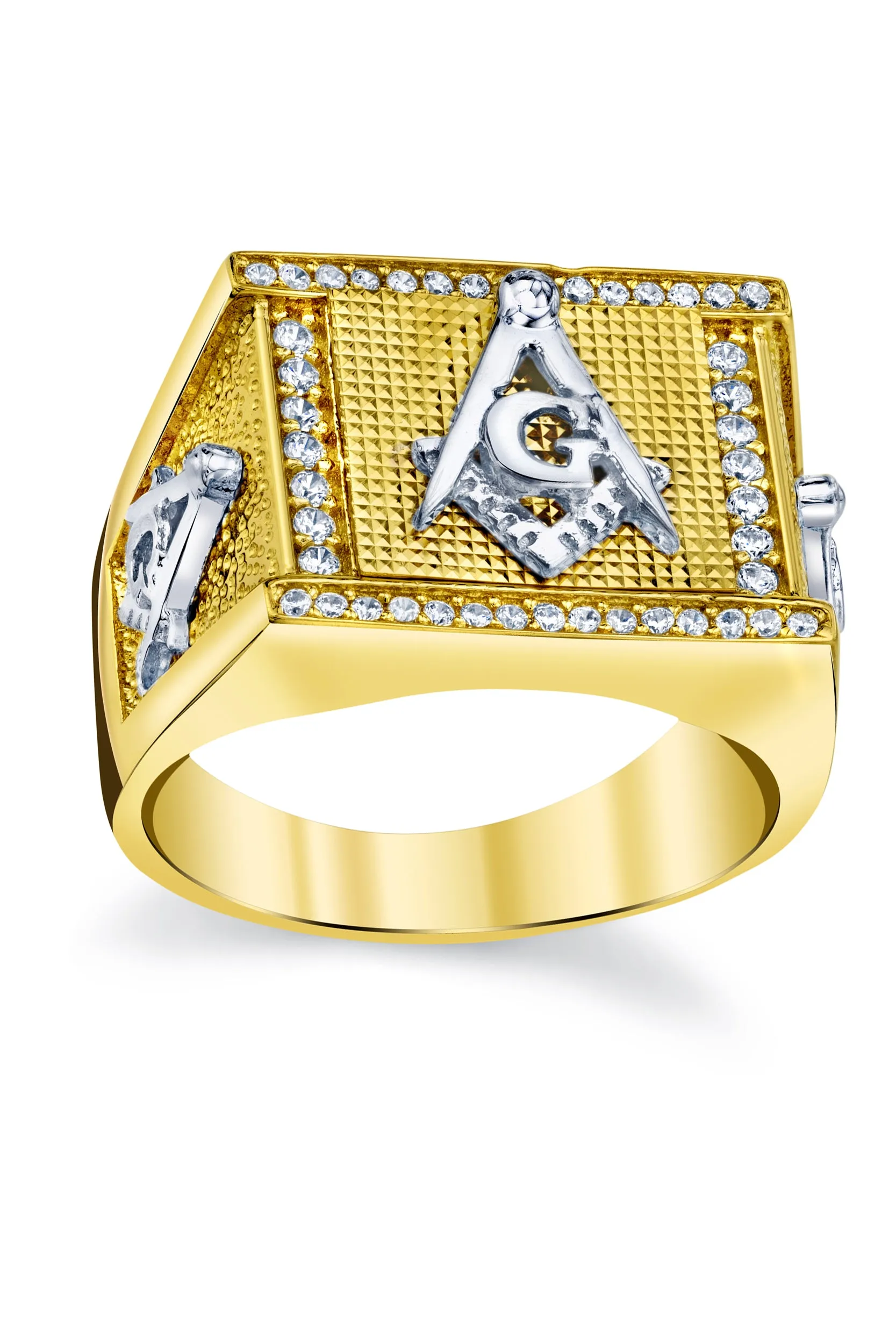 Men's Masonic Signet Pinky Ring Sterling Silver Goldtone Cubic Zirconia 14MM