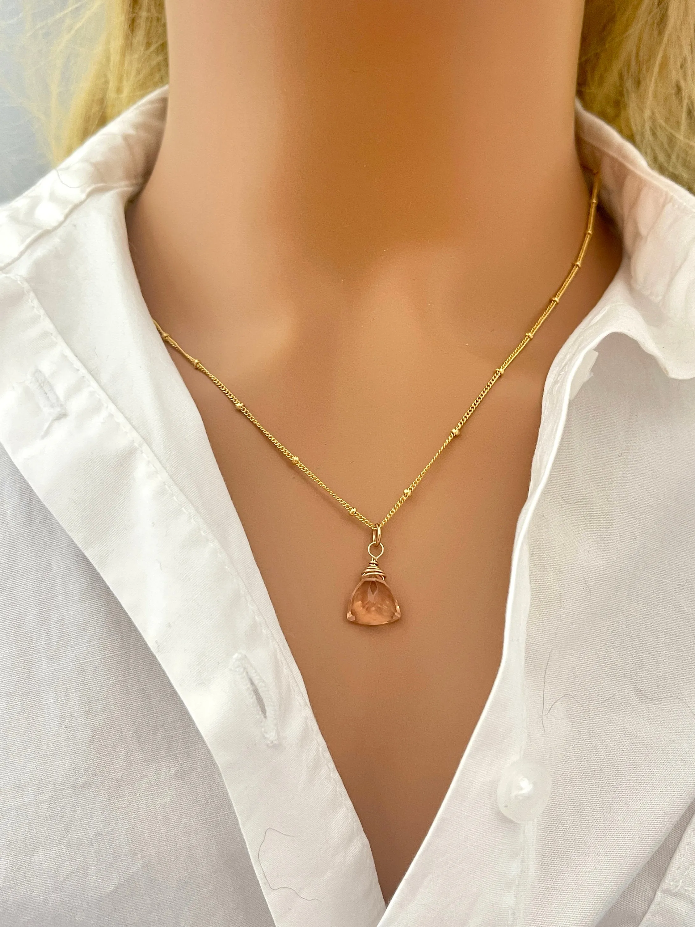 Morganite Necklace 14k gold fill, Rose Gold, Sterling Silver peach pink quartz