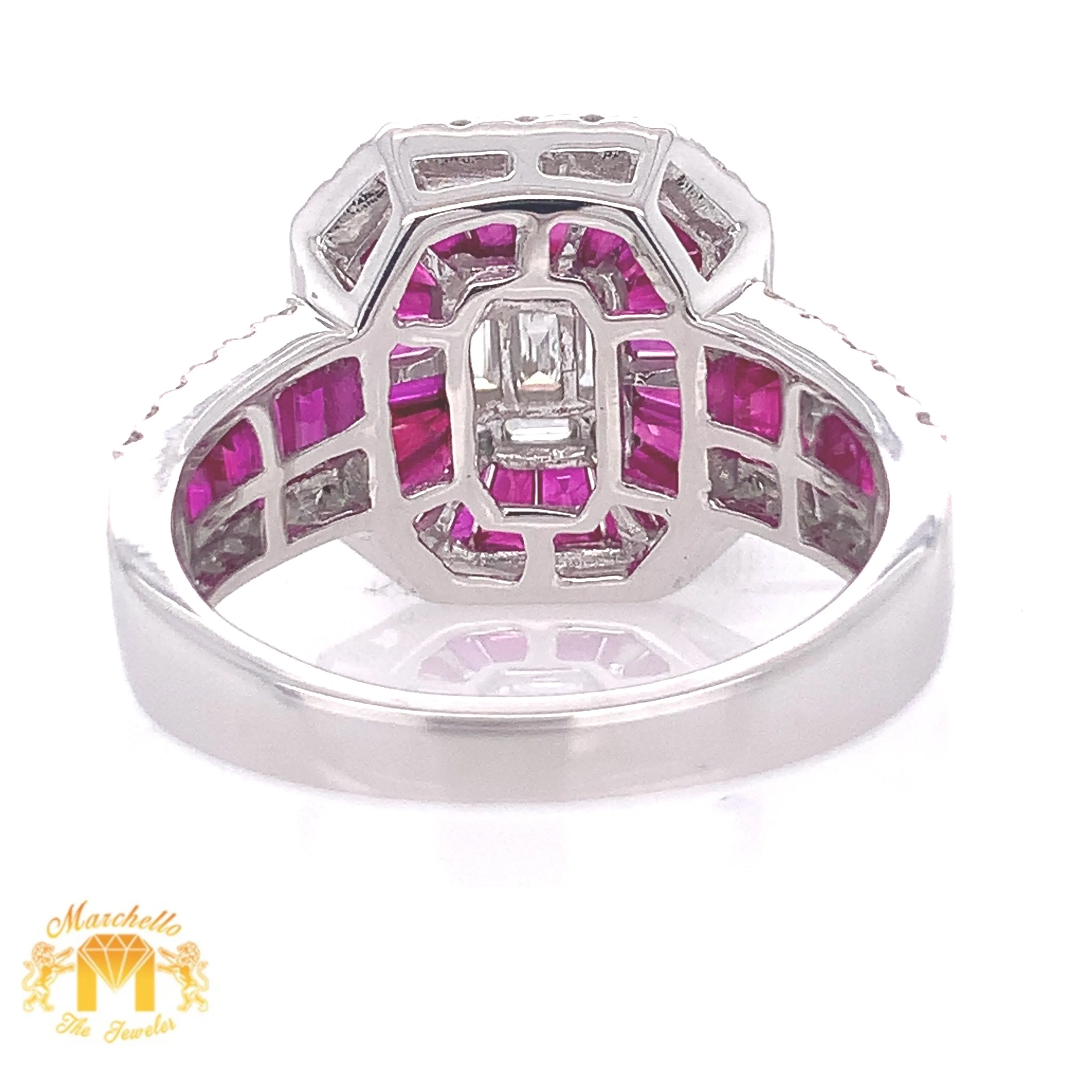 Natural Ruby 14k White Gold Love Ring with Baguette Diamond