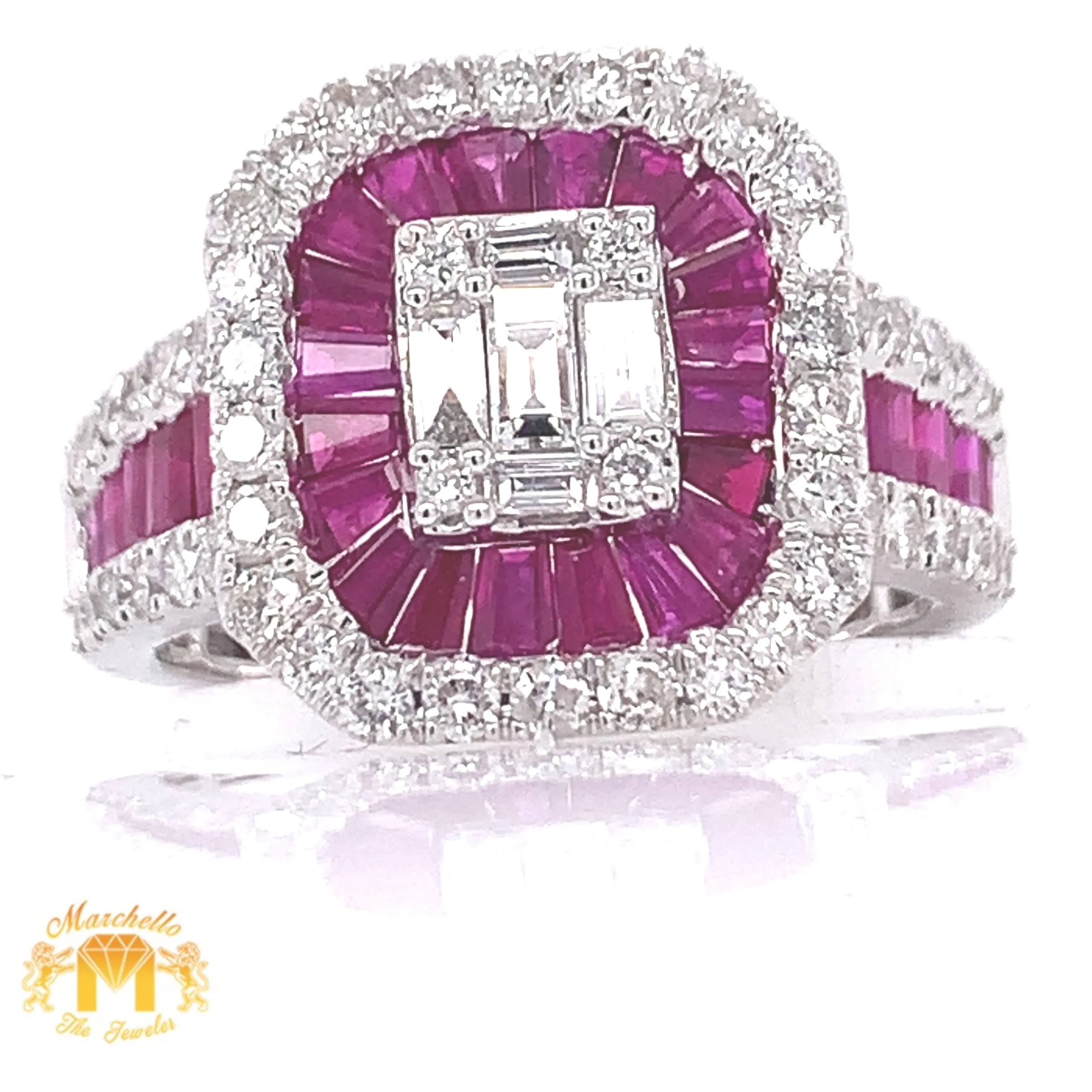 Natural Ruby 14k White Gold Love Ring with Baguette Diamond