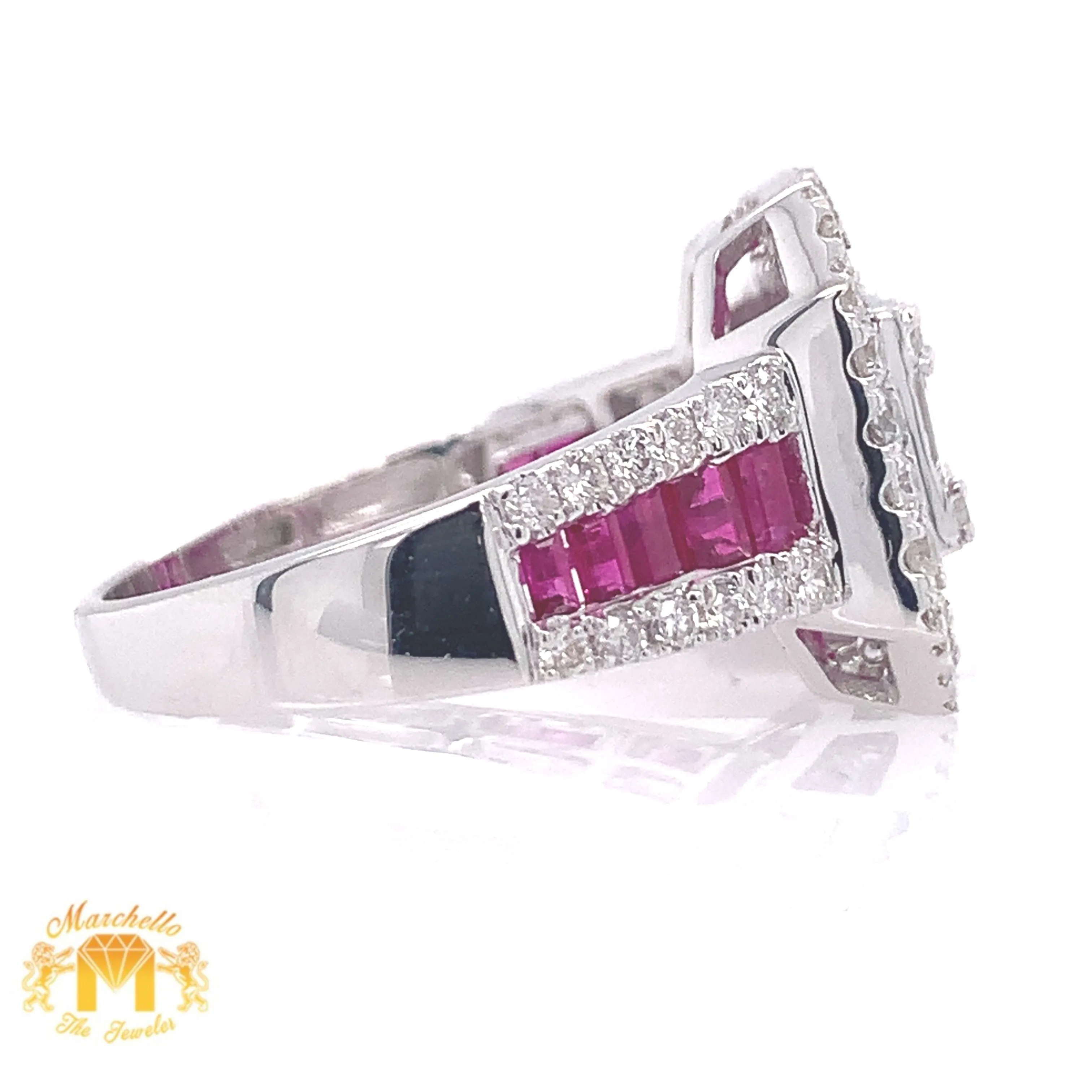 Natural Ruby 14k White Gold Love Ring with Baguette Diamond
