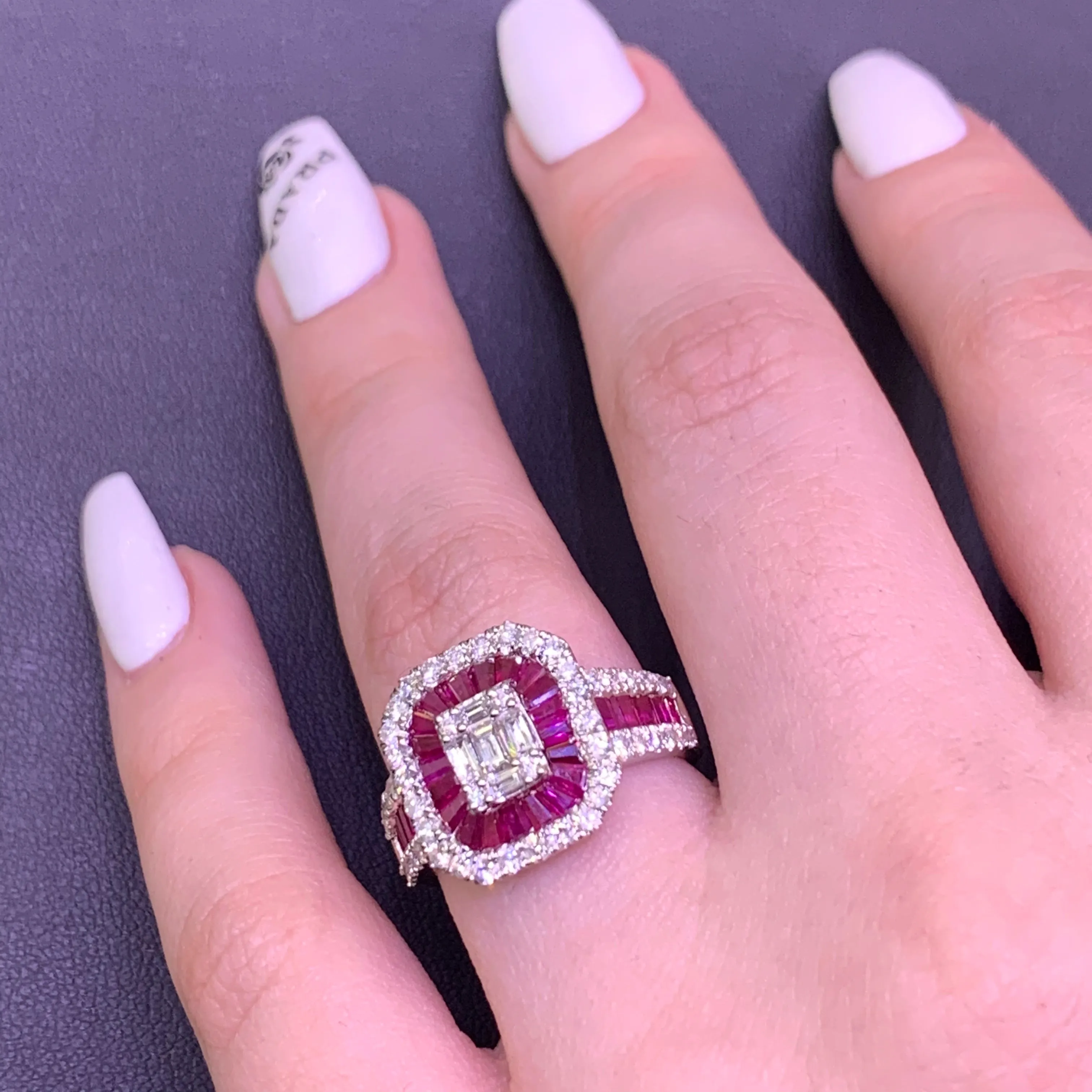 Natural Ruby 14k White Gold Love Ring with Baguette Diamond
