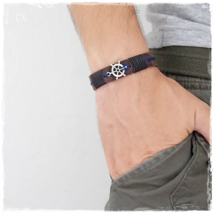 Nautical Wheel Leather Bracelet