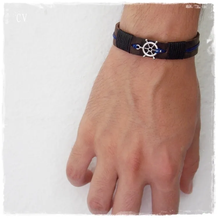 Nautical Wheel Leather Bracelet