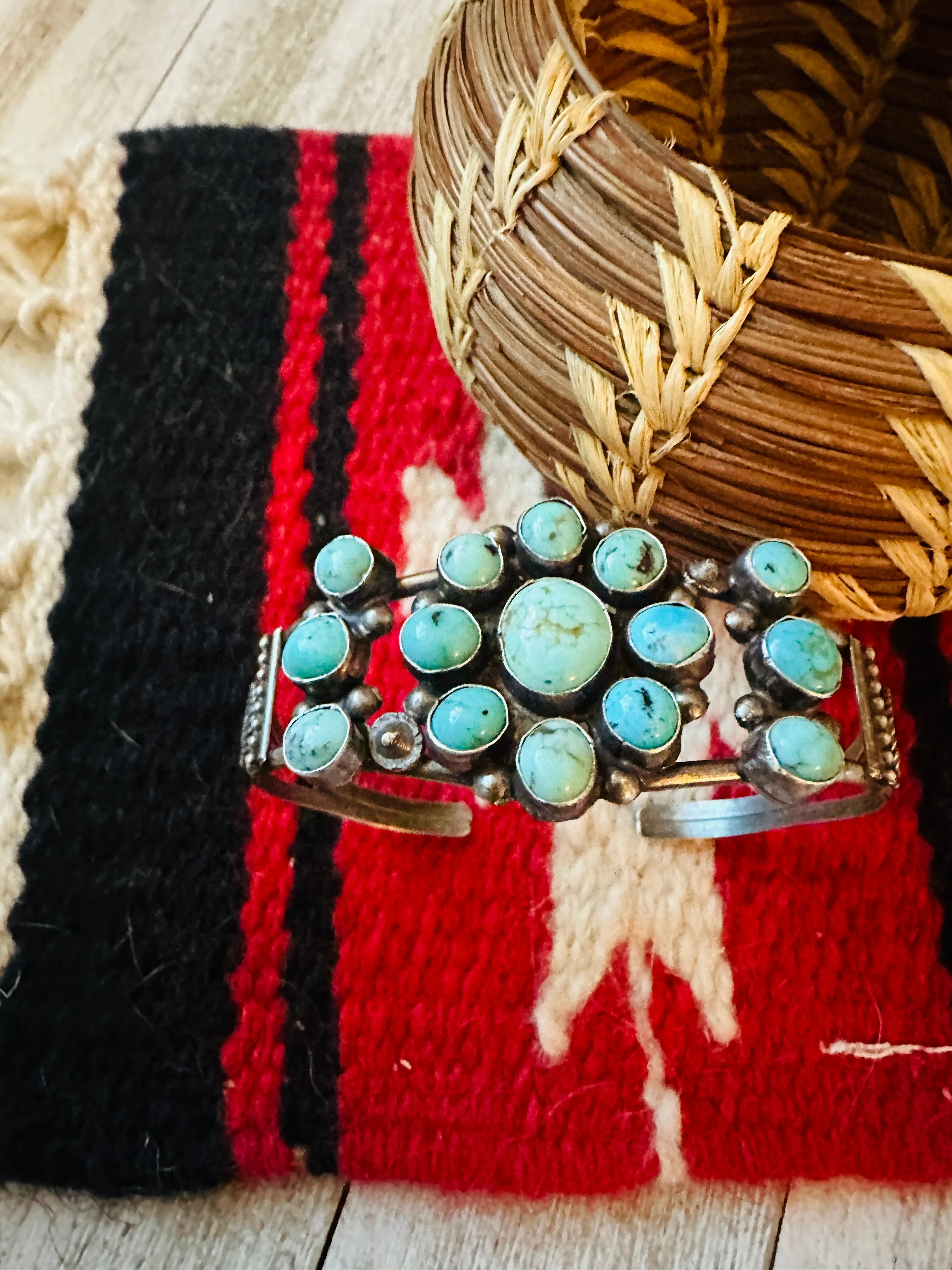 Old Pawn Navajo Sterling Silver & Turquoise Cluster Cuff Bracelet