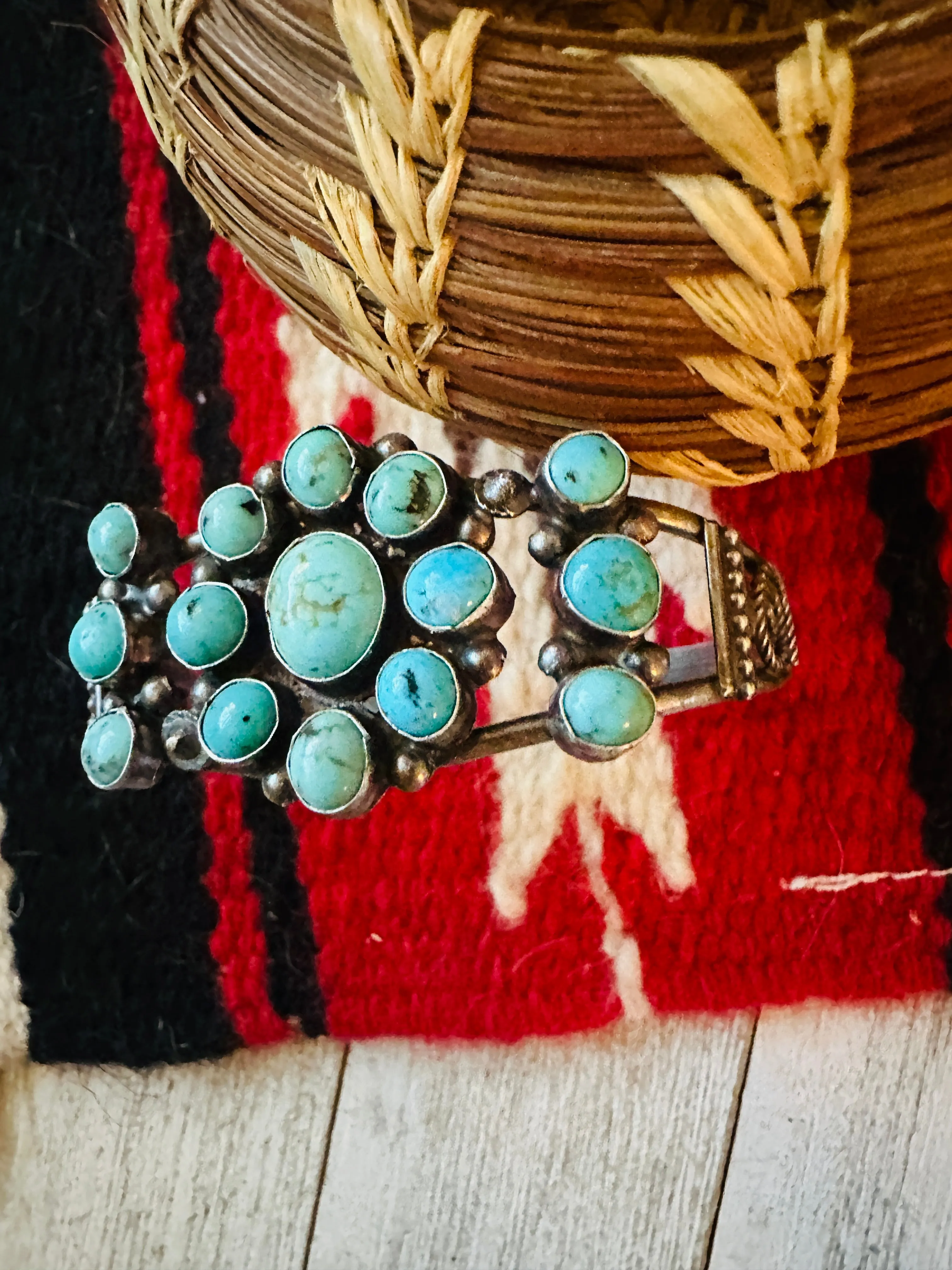 Old Pawn Navajo Sterling Silver & Turquoise Cluster Cuff Bracelet