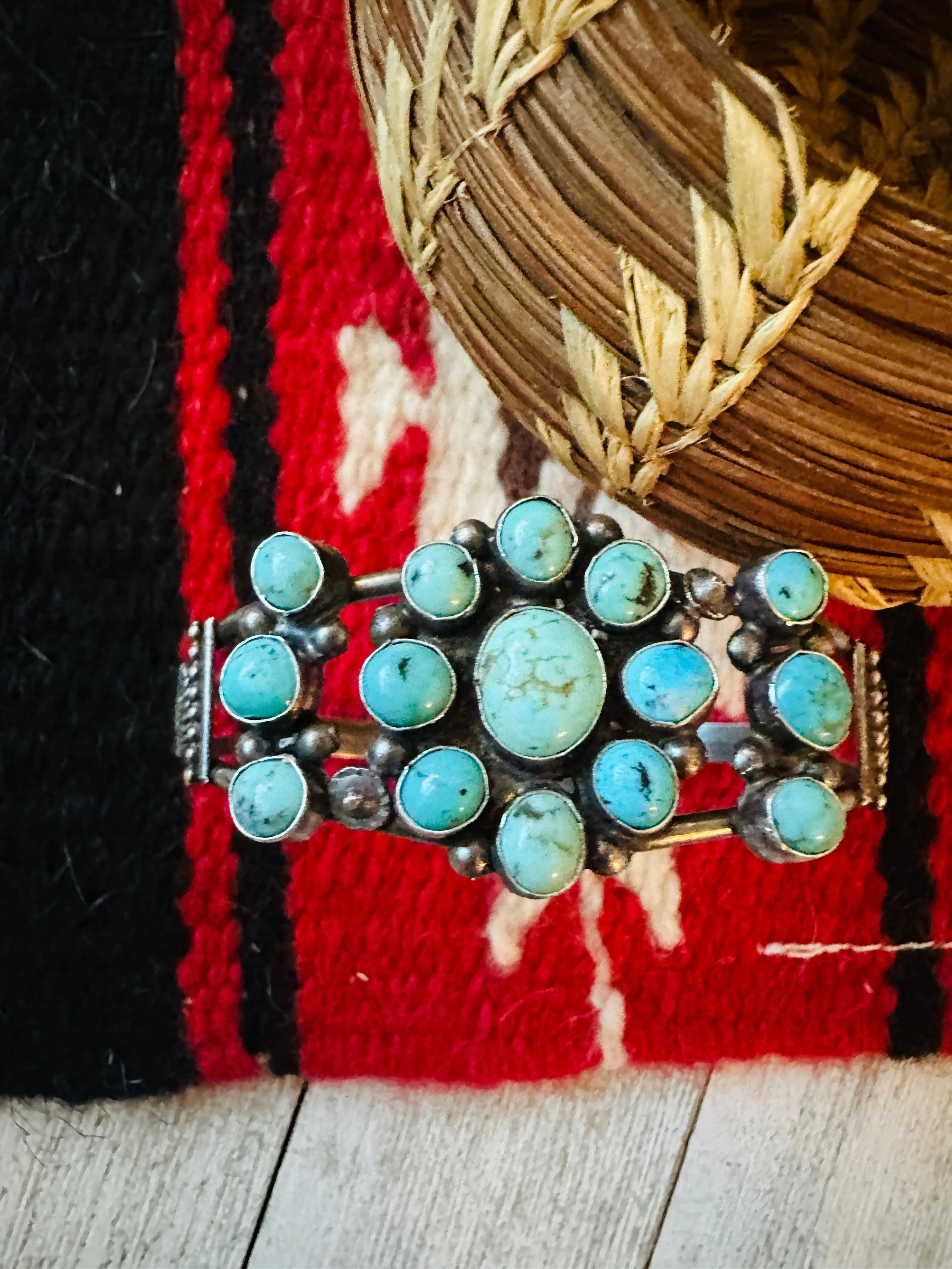 Old Pawn Navajo Sterling Silver & Turquoise Cluster Cuff Bracelet