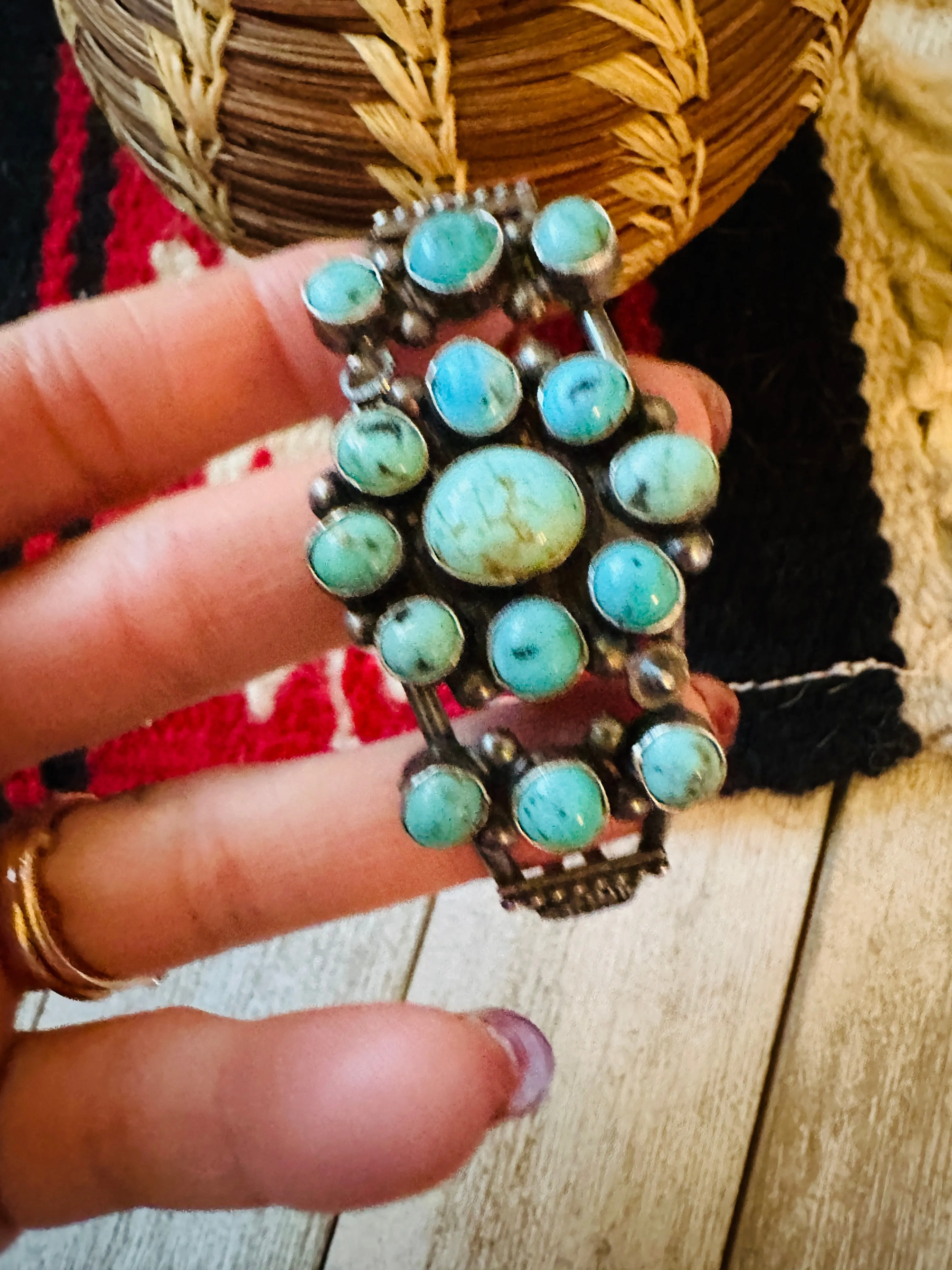 Old Pawn Navajo Sterling Silver & Turquoise Cluster Cuff Bracelet