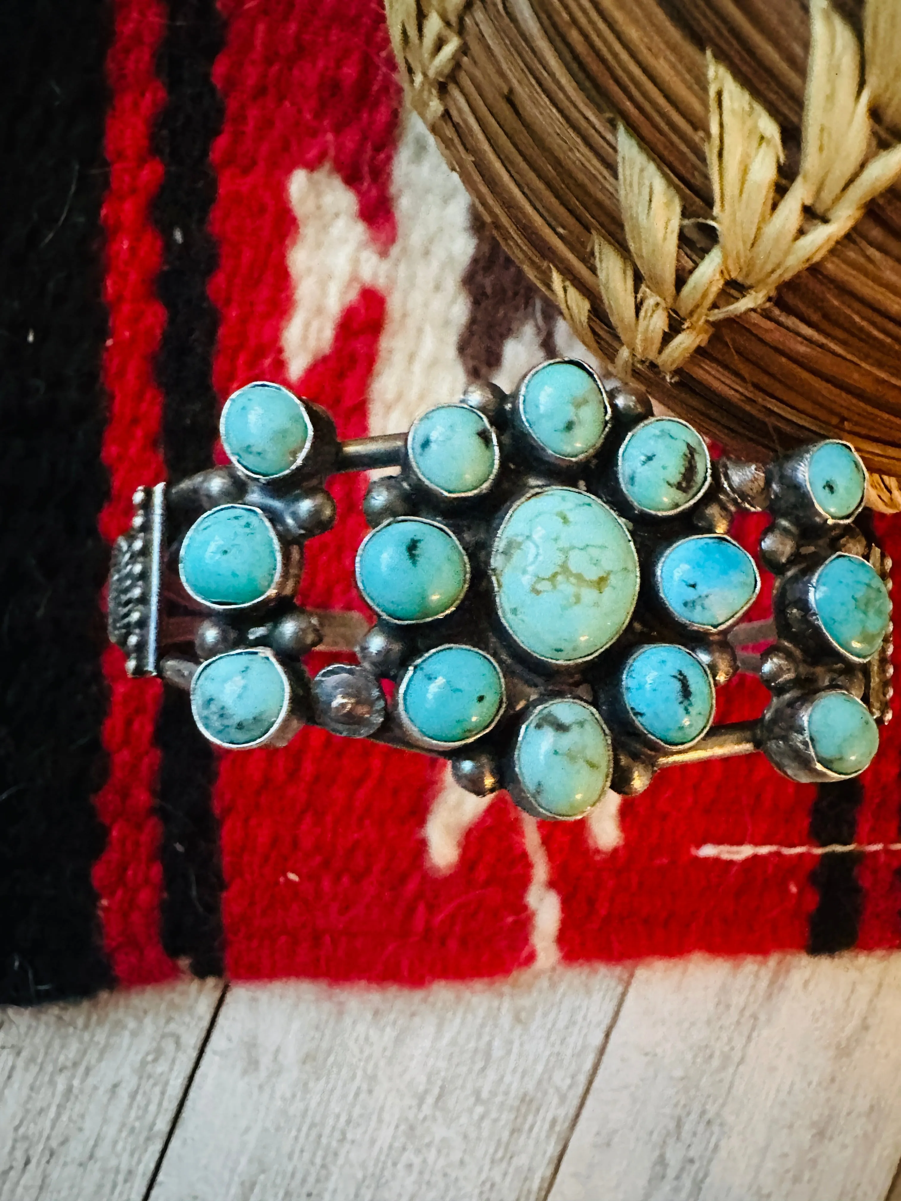 Old Pawn Navajo Sterling Silver & Turquoise Cluster Cuff Bracelet