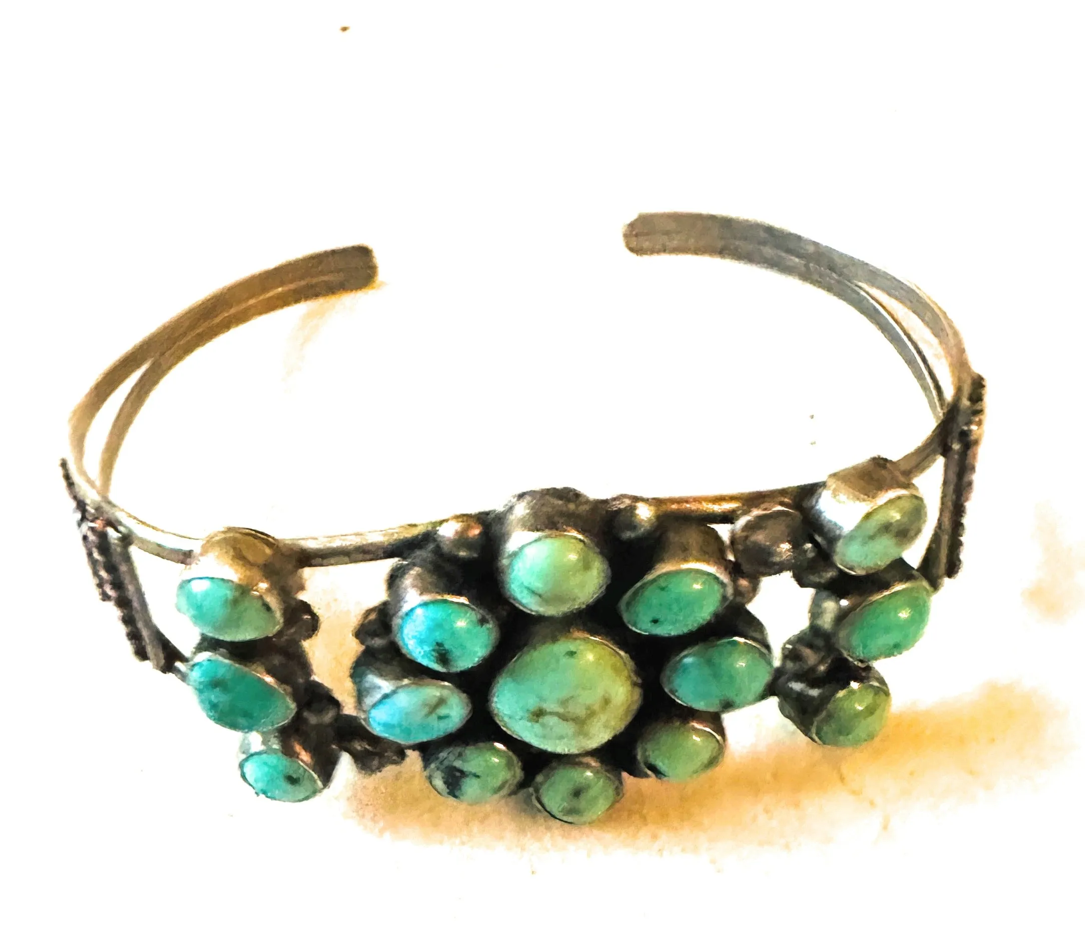 Old Pawn Navajo Sterling Silver & Turquoise Cluster Cuff Bracelet