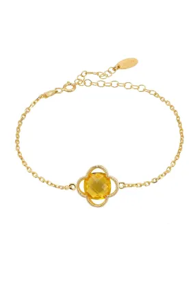 Open Clover Flower Gemstone Bracelet Gold Citrine