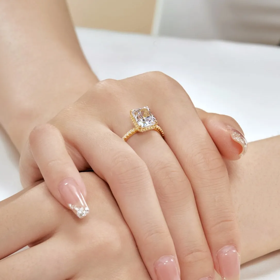 Pave Side Stone Hidden Halo 4 Carat Radiant Cut Engagement Ring - Gold