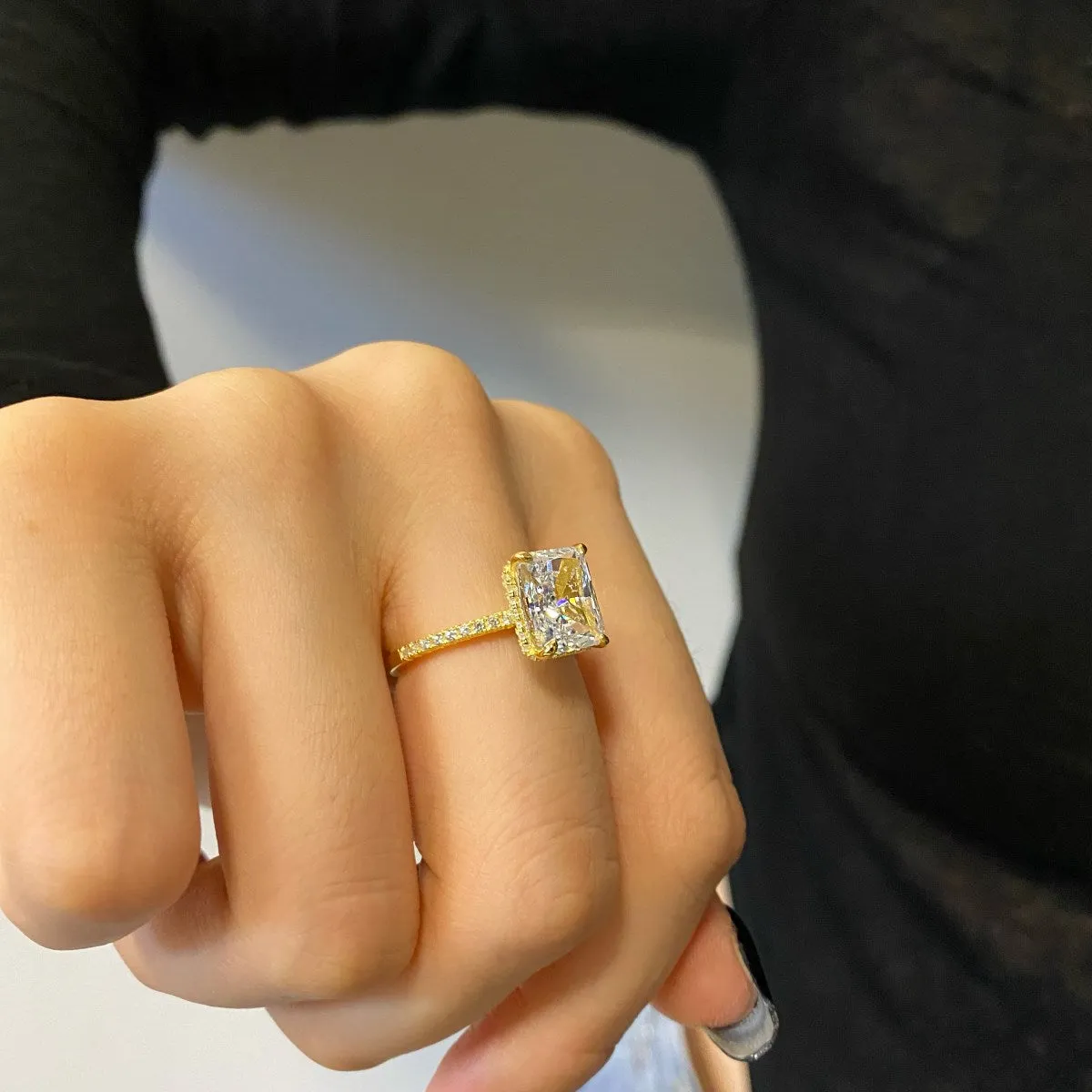Pave Side Stone Hidden Halo 4 Carat Radiant Cut Engagement Ring - Gold