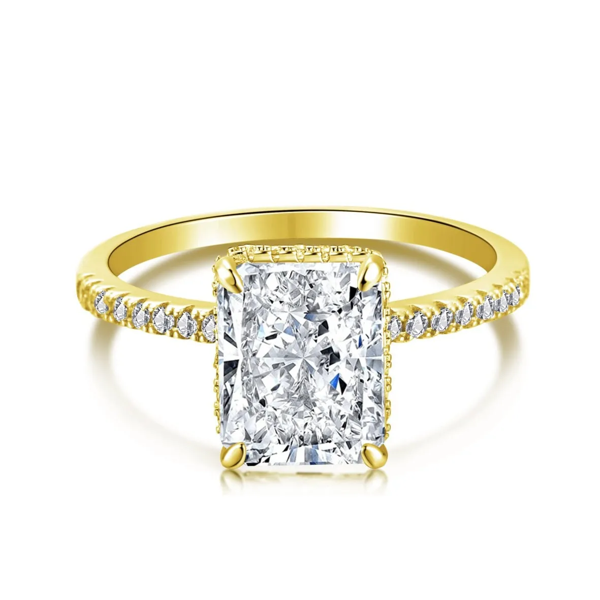 Pave Side Stone Hidden Halo 4 Carat Radiant Cut Engagement Ring - Gold