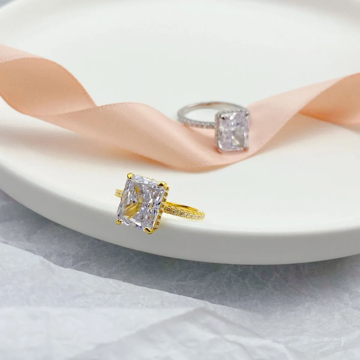 Pave Side Stone Hidden Halo 4 Carat Radiant Cut Engagement Ring - Gold