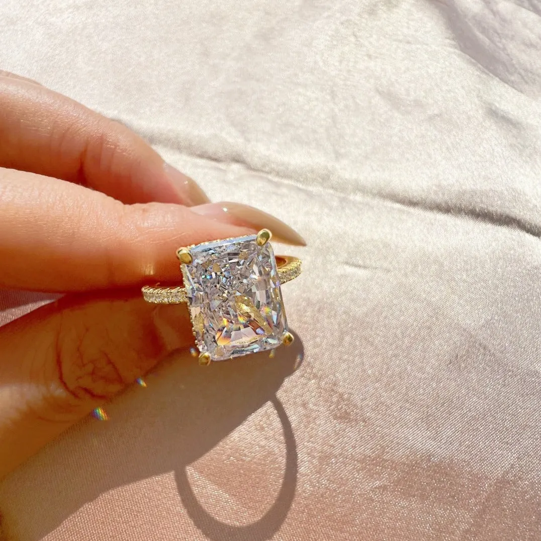 Pave Side Stone Hidden Halo 4 Carat Radiant Cut Engagement Ring - Gold