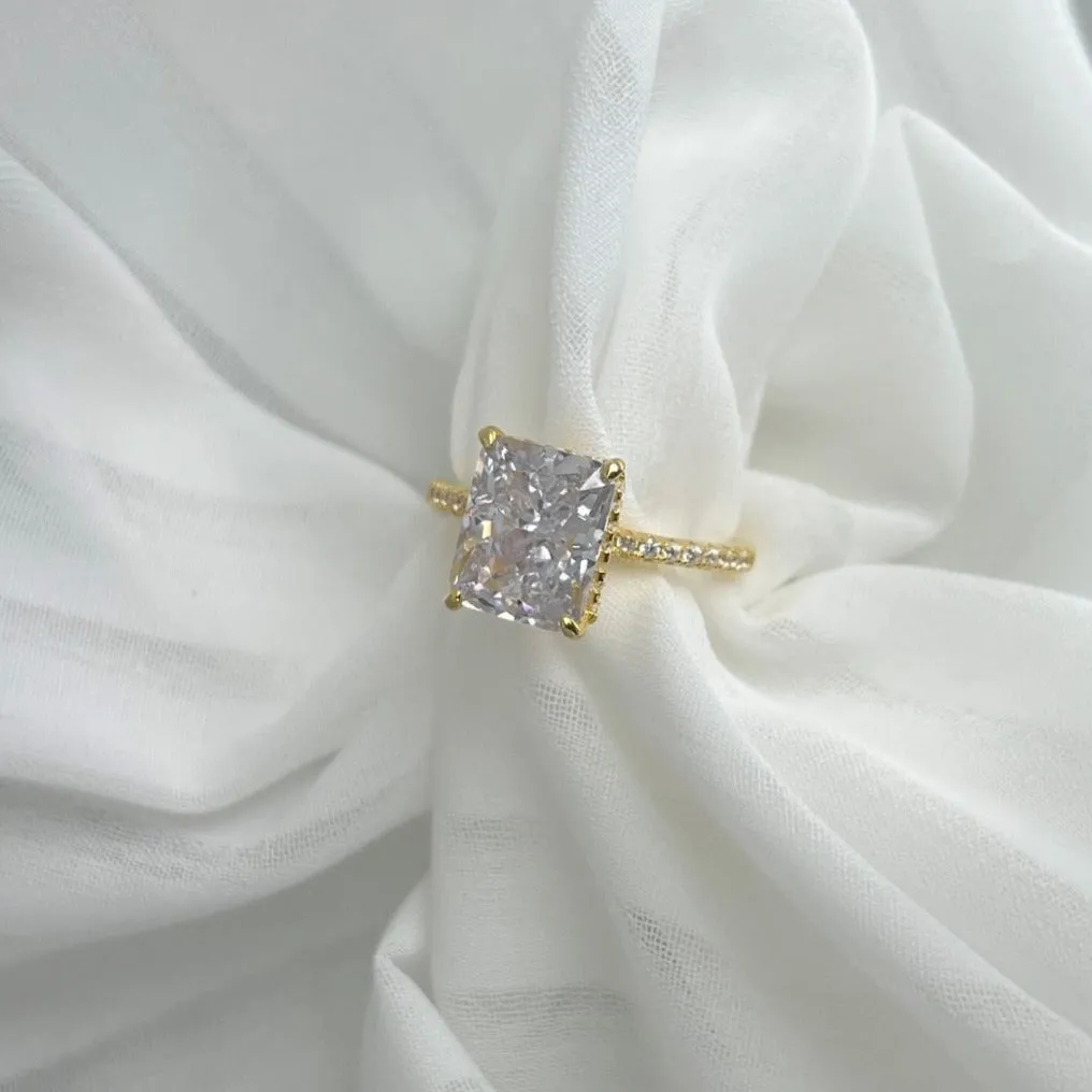 Pave Side Stone Hidden Halo 4 Carat Radiant Cut Engagement Ring - Gold