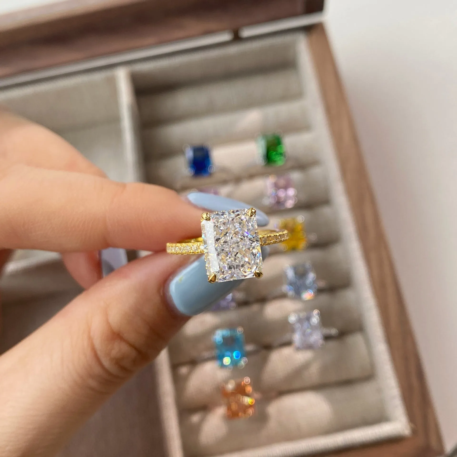 Pave Side Stone Hidden Halo 4 Carat Radiant Cut Engagement Ring - Gold