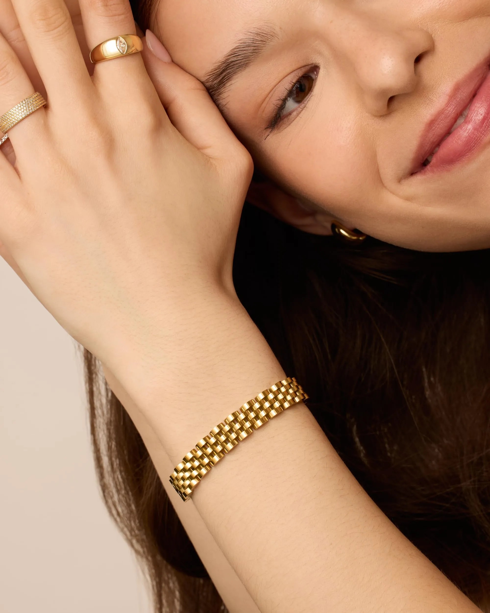 PAVOI 14K Gold Plated Two-Toned Waterproof Watch Strap Chain Bracelet for Women | White Yellow Mixed Metals Stainless Steel Chunky Link Bracelet 7 Inches