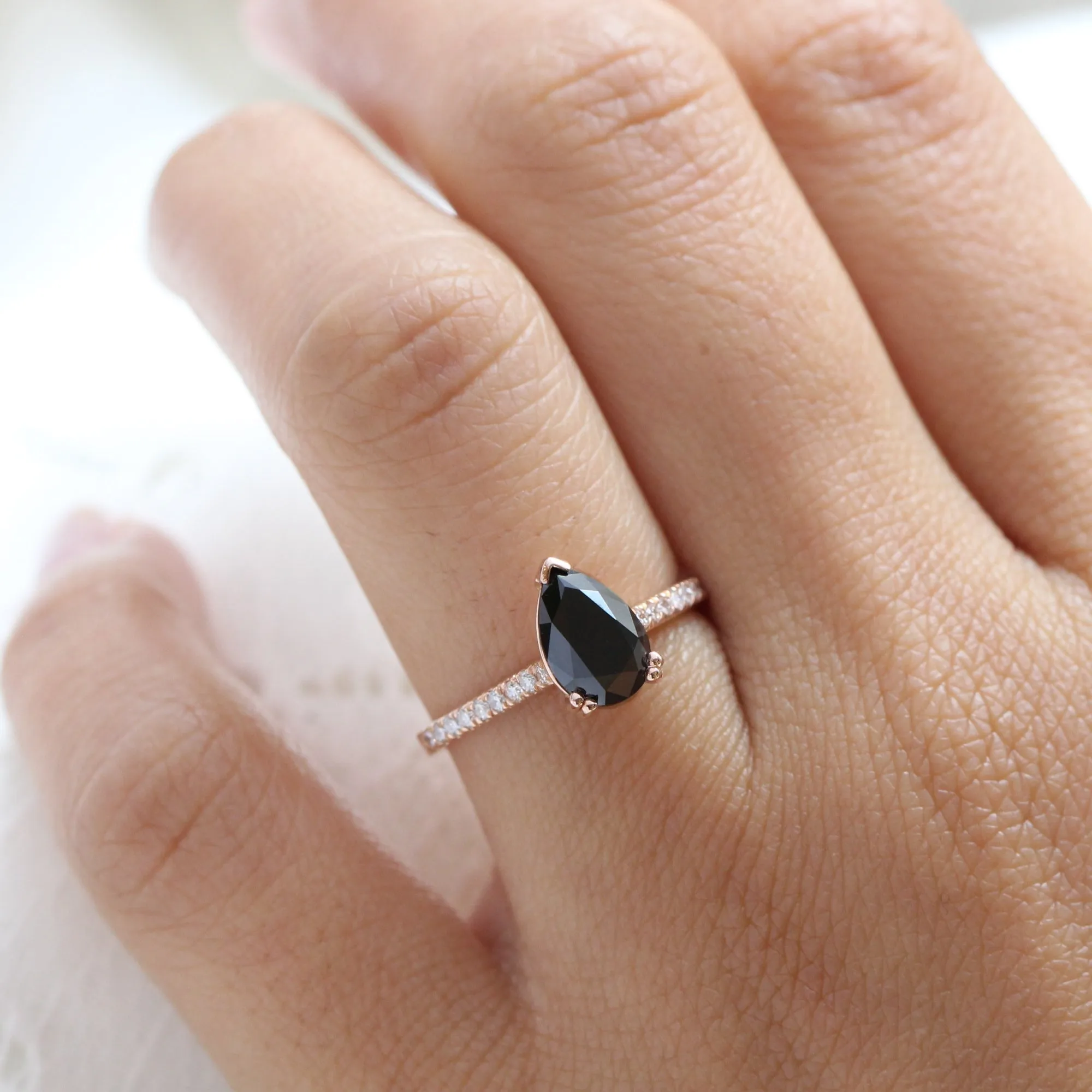 Pear Black Diamond Engagement Ring in Grace Solitaire Pave Band