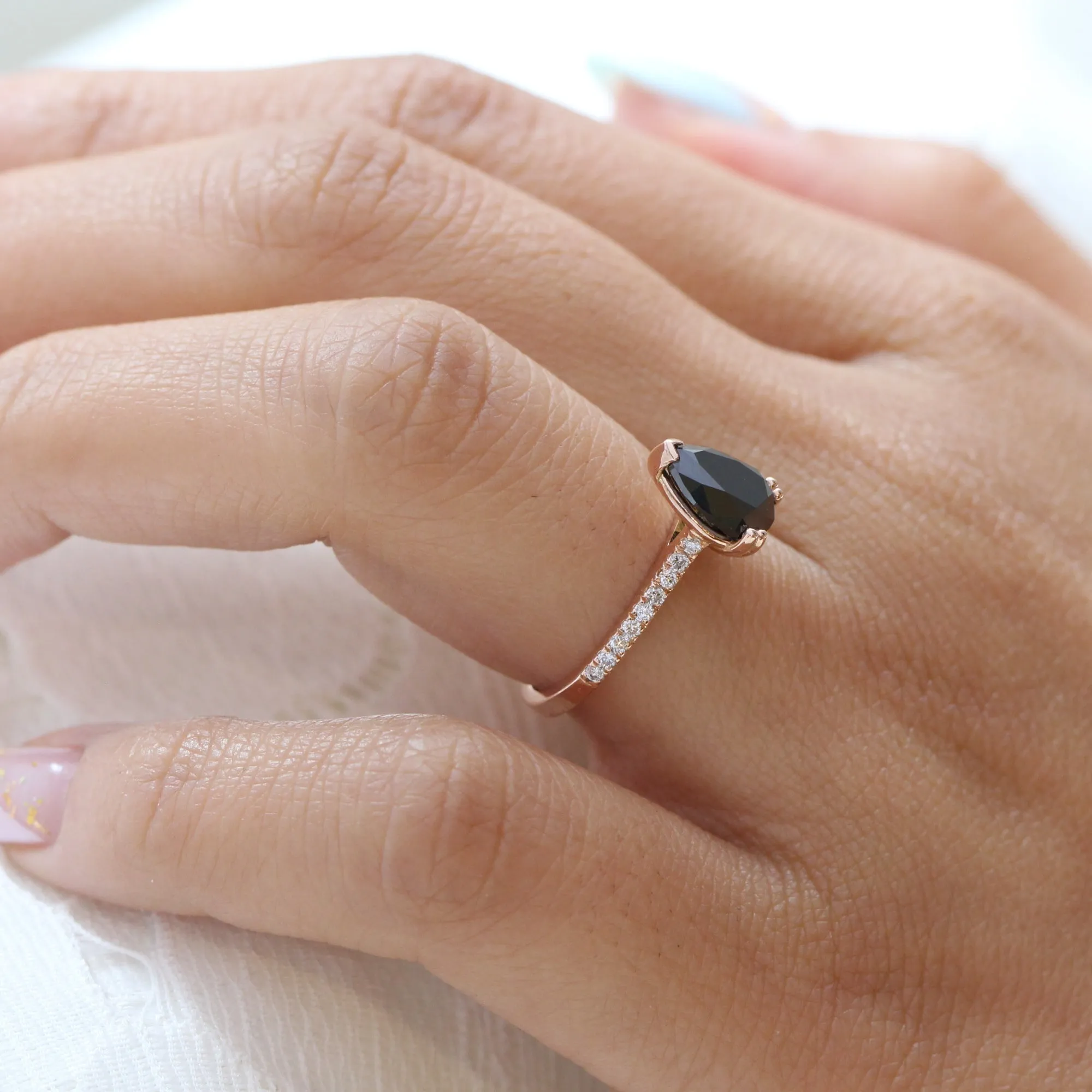 Pear Black Diamond Engagement Ring in Grace Solitaire Pave Band