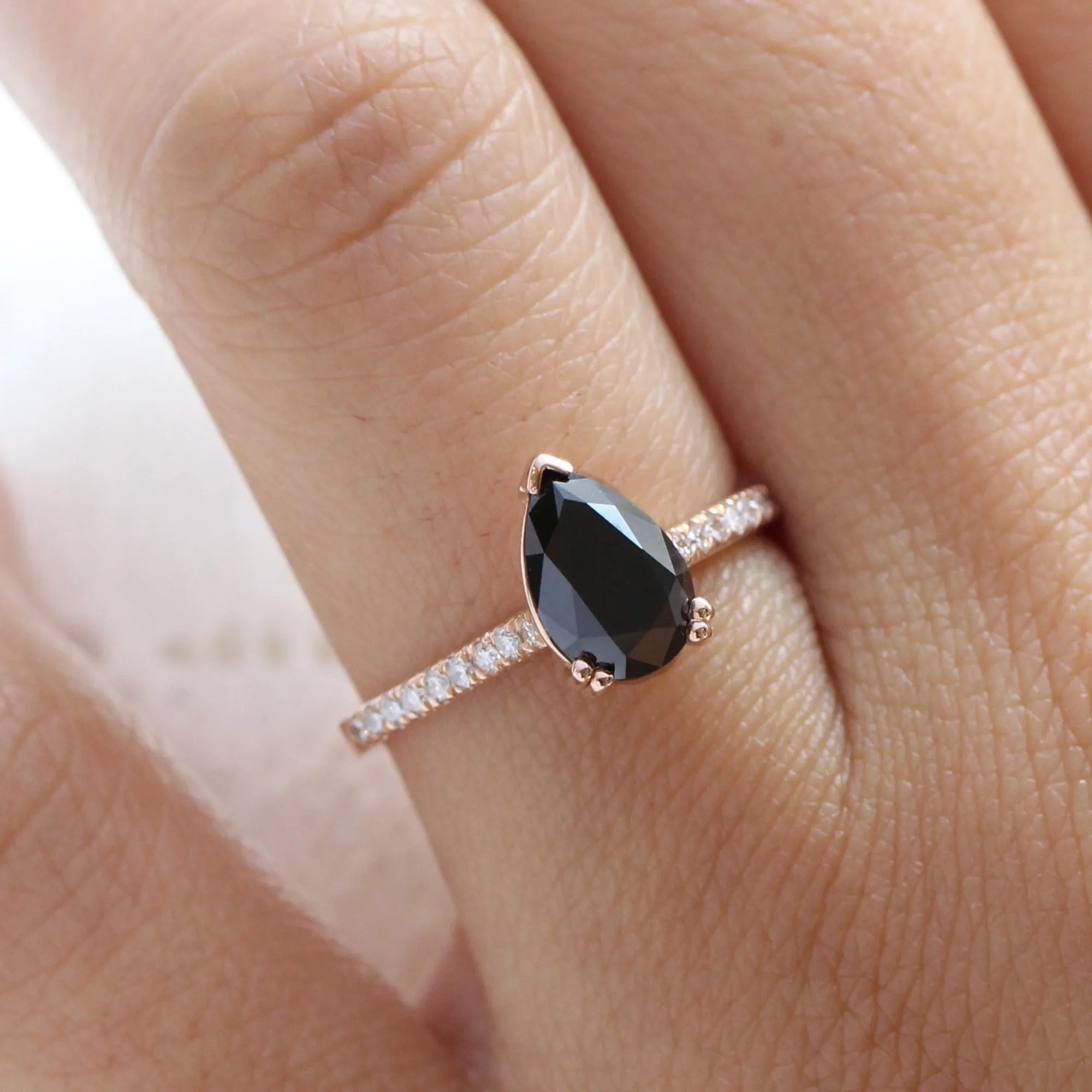 Pear Black Diamond Engagement Ring in Grace Solitaire Pave Band