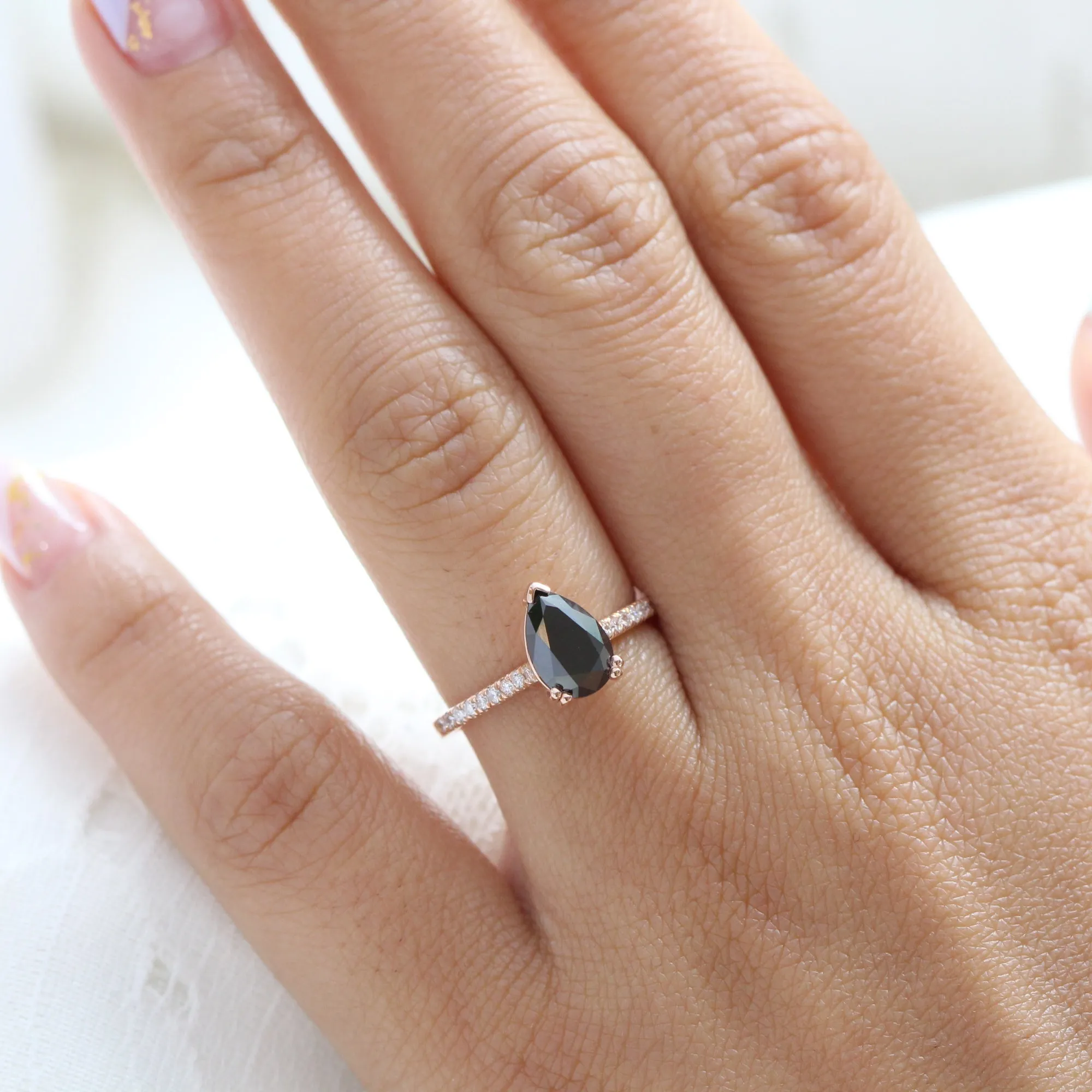 Pear Black Diamond Engagement Ring in Grace Solitaire Pave Band